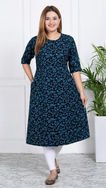 Black Printed Cotton Princess Cut Side Closed Kurta  (Only Kurta)