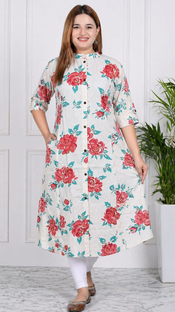Half White Printed Cotton Princess Cut Side Closed Kurta  (Only Kurta)