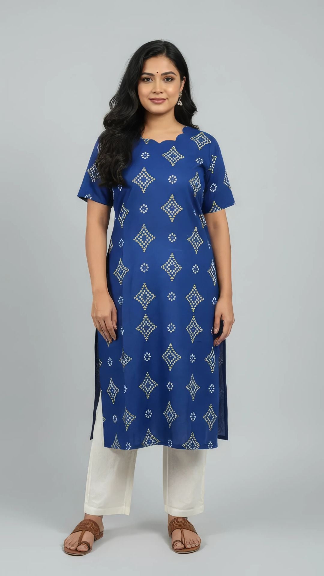 Blue Stripes Cotton Half Sleeve Kurti | 40–42 Inch Length | Comfort Fit with 4-Inch Hip Ease | Sizes S to 5XL