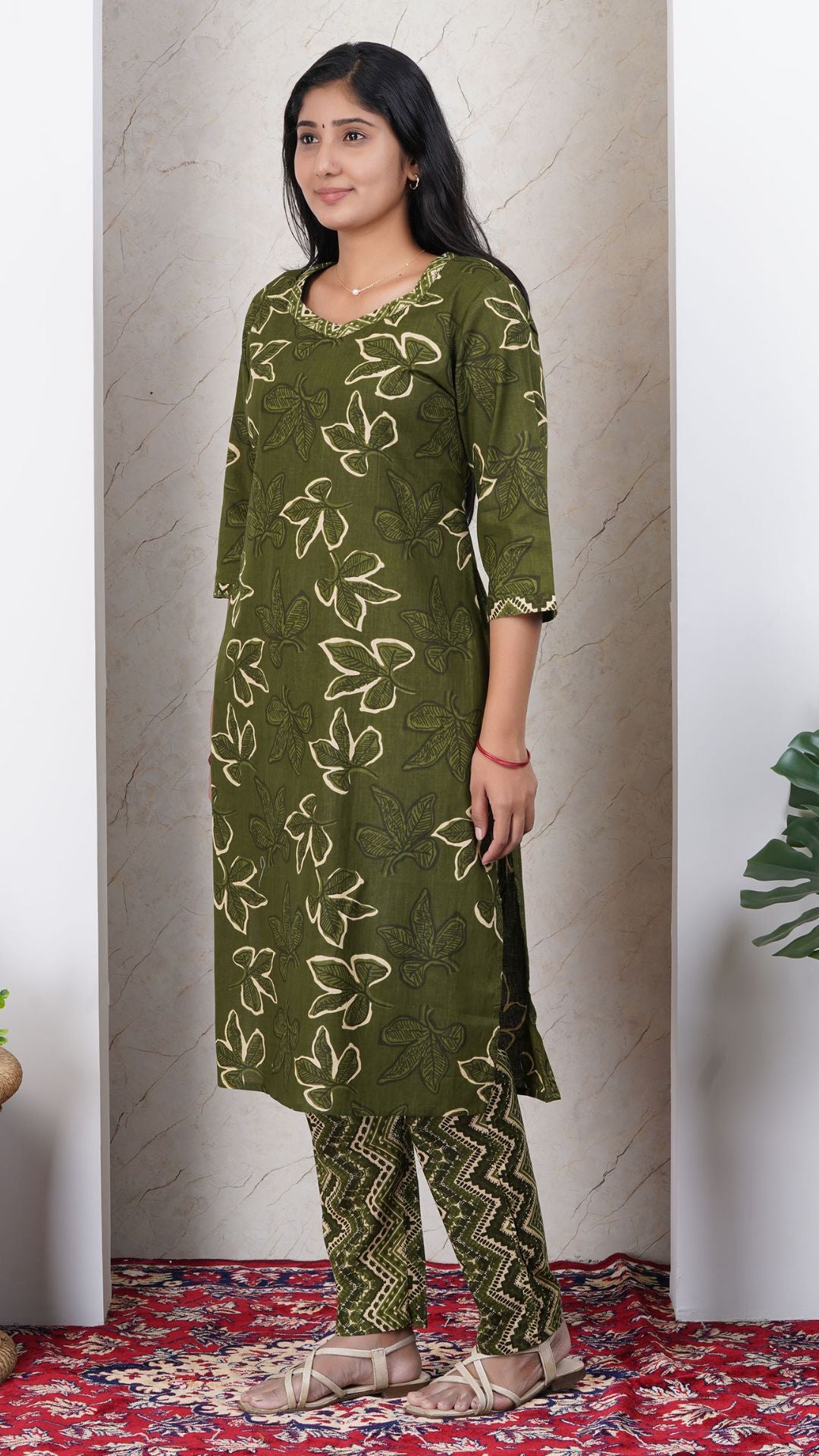 Mehandi Green Soft Printed Cotton Side Slit Kurta (Only Kurta )