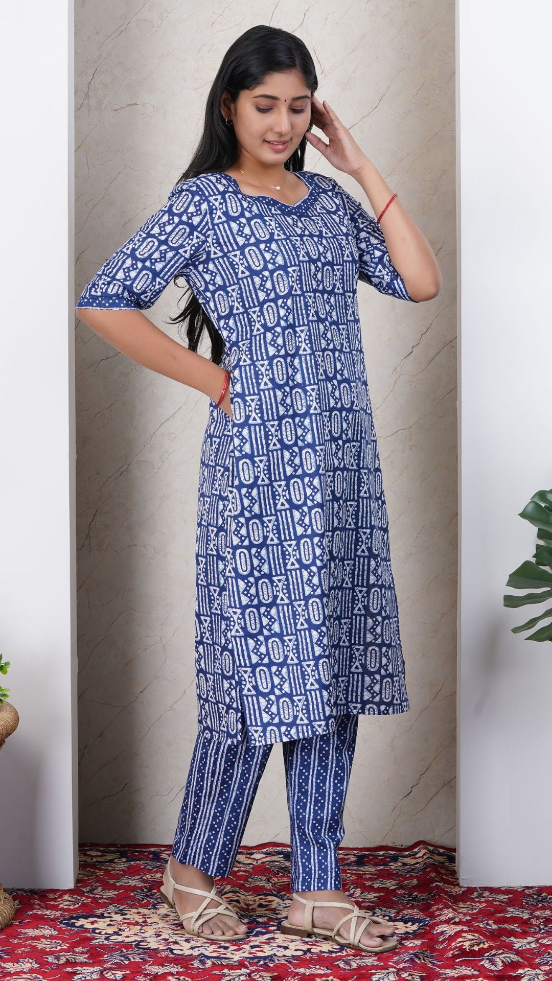 Indigo Blue Printed Cotton Side Slit Kurta (Only Kurta)