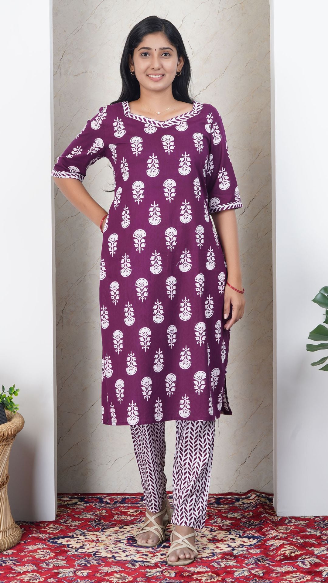 Dark Purple Soft Printed Cotton Kurta Set for Women | Office & Daily Wear