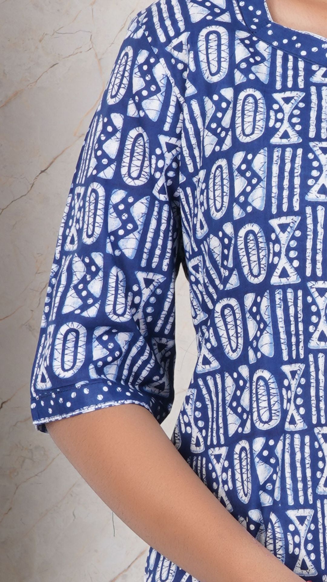 Indigo Blue Printed Cotton Side Slit Kurta (Only Kurta)