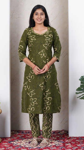 Mehandi Green Soft Printed Cotton Side Slit Kurta (Only Kurta )