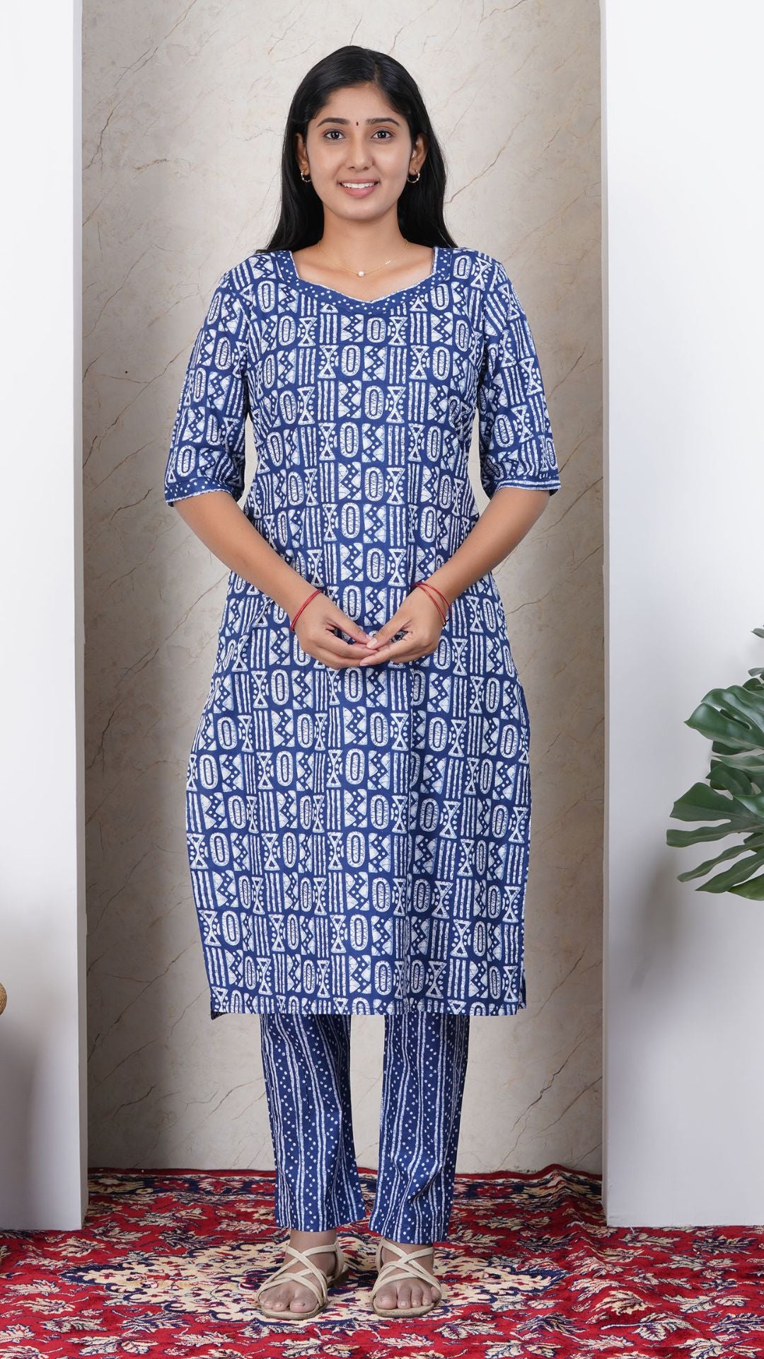 Indigo Blue Printed Cotton Side Slit Kurta (Only Kurta)