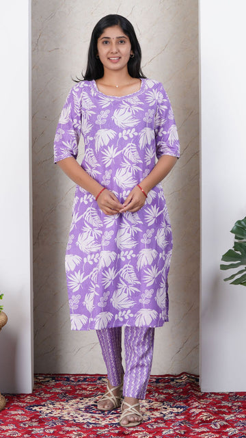Light Lavender  Soft Printed Cotton Kurta Set for Women | Office & Daily Wear