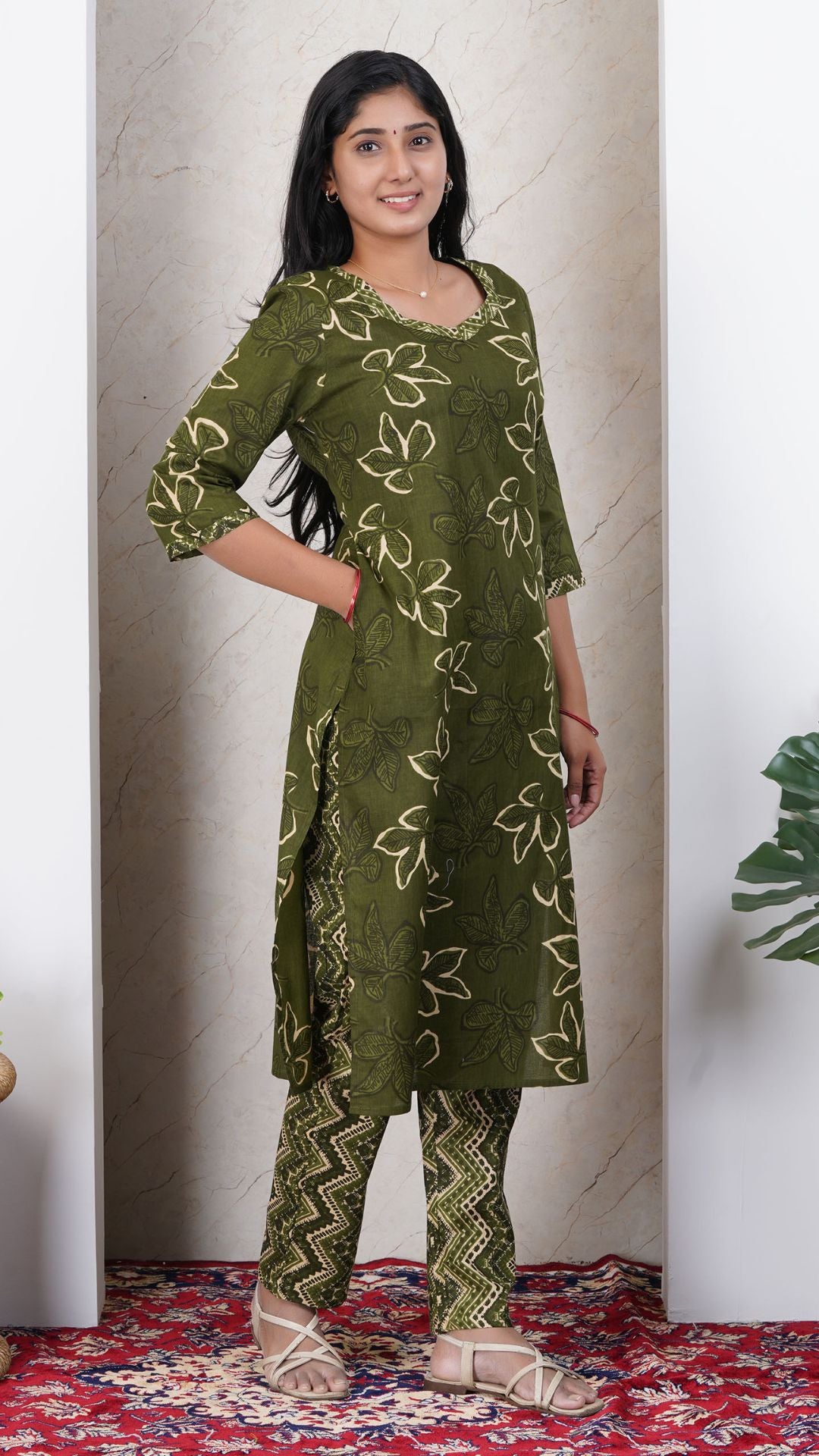 Mehandi Green Soft Printed Cotton Side Slit Kurta (Only Kurta )