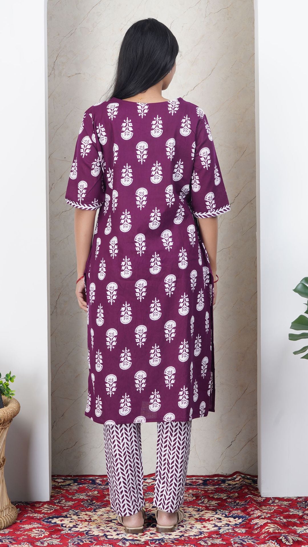 Dark Purple Soft Printed Cotton Kurta Set for Women | Office & Daily Wear