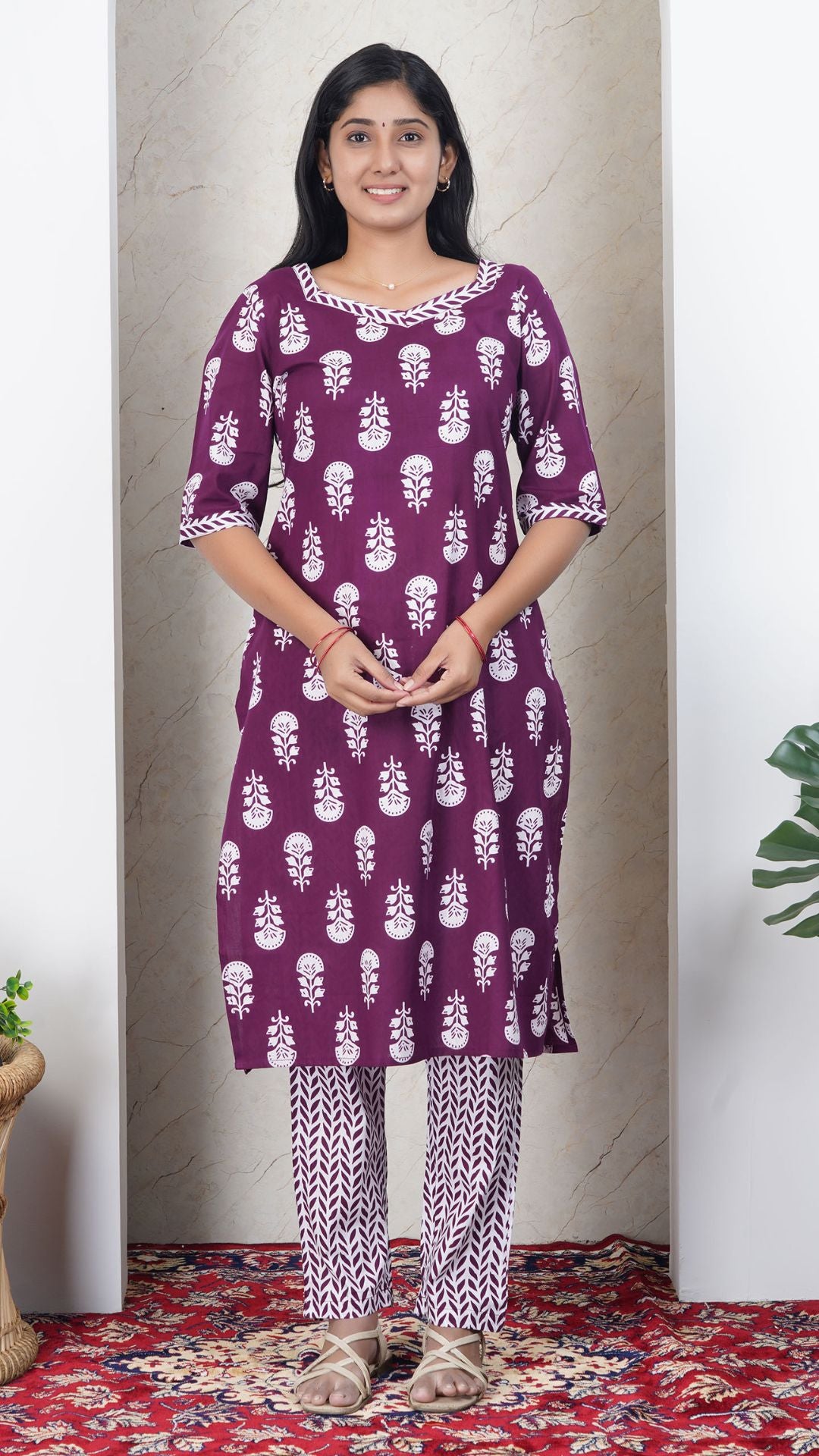 Dark Purple Soft Printed Cotton Kurta Set for Women | Office & Daily Wear