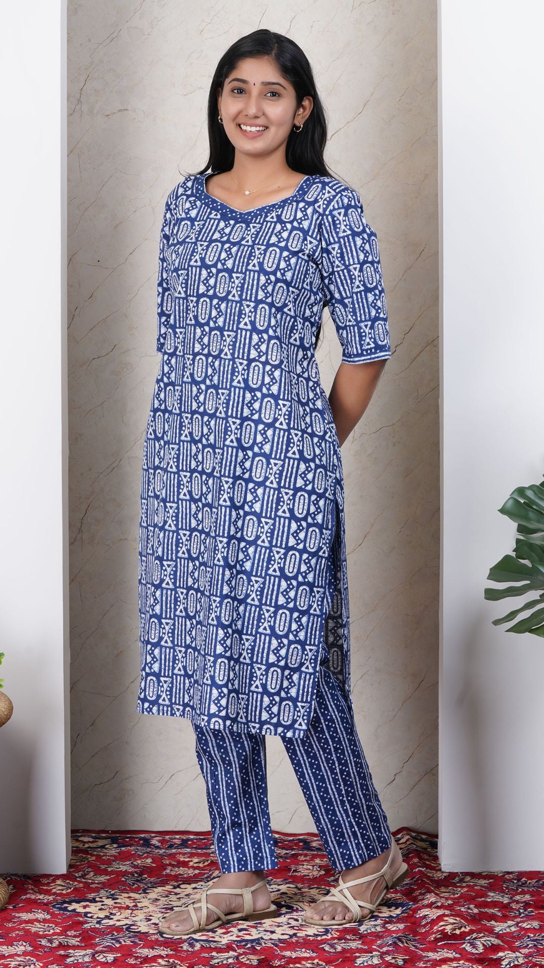 Indigo Blue Printed Cotton Side Slit Kurta (Only Kurta)