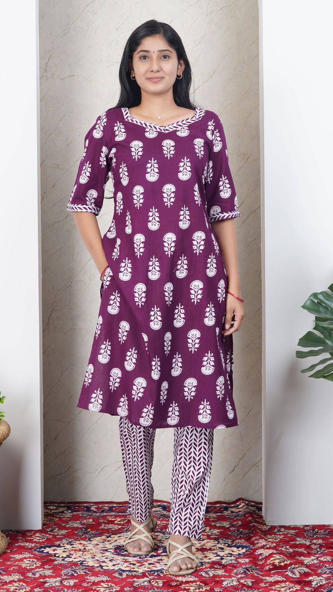Dark Purple Soft Printed Cotton Kurta Set for Women | Office & Daily Wear