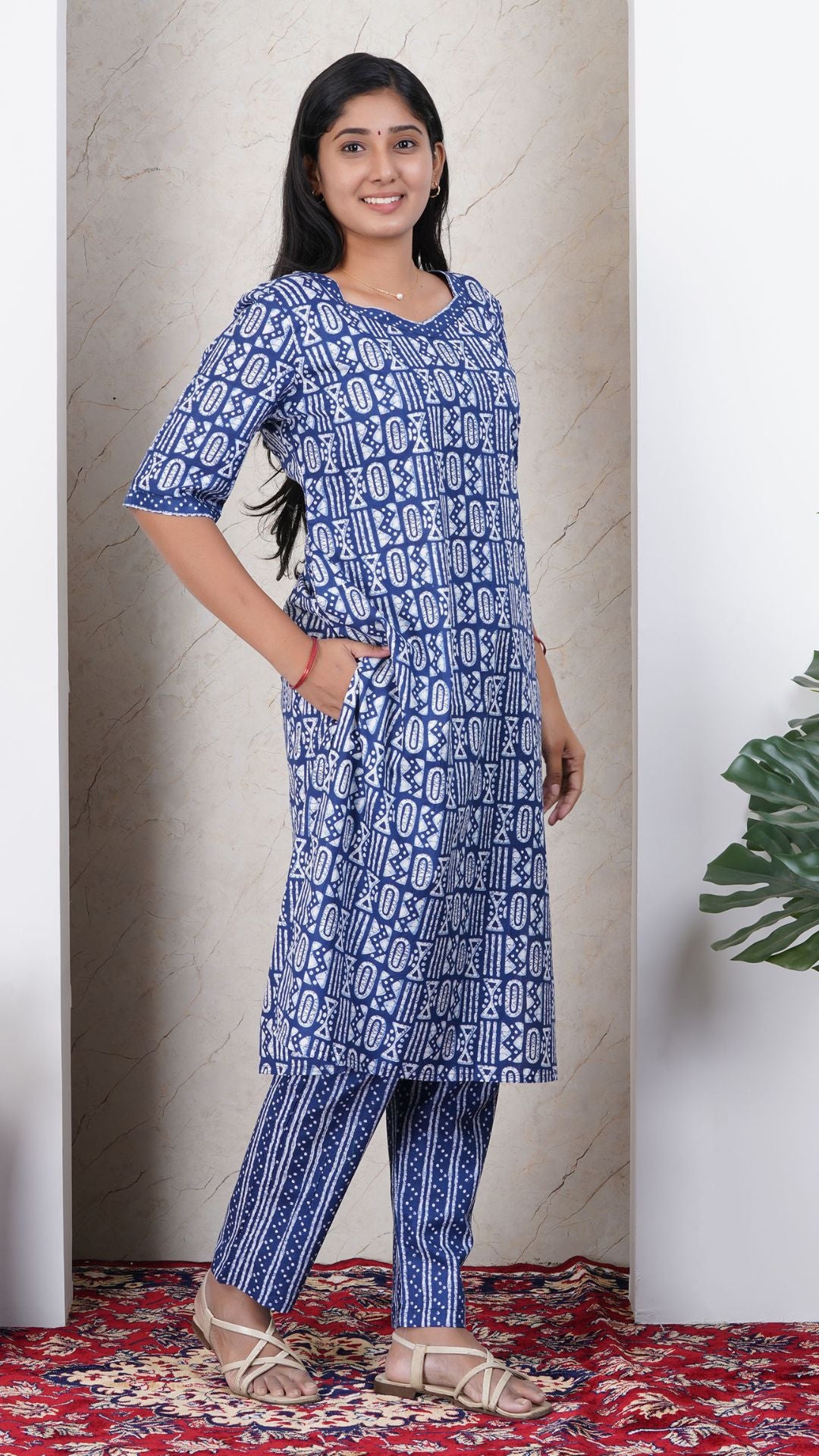 Indigo Blue Printed Cotton Side Slit Kurta (Only Kurta)