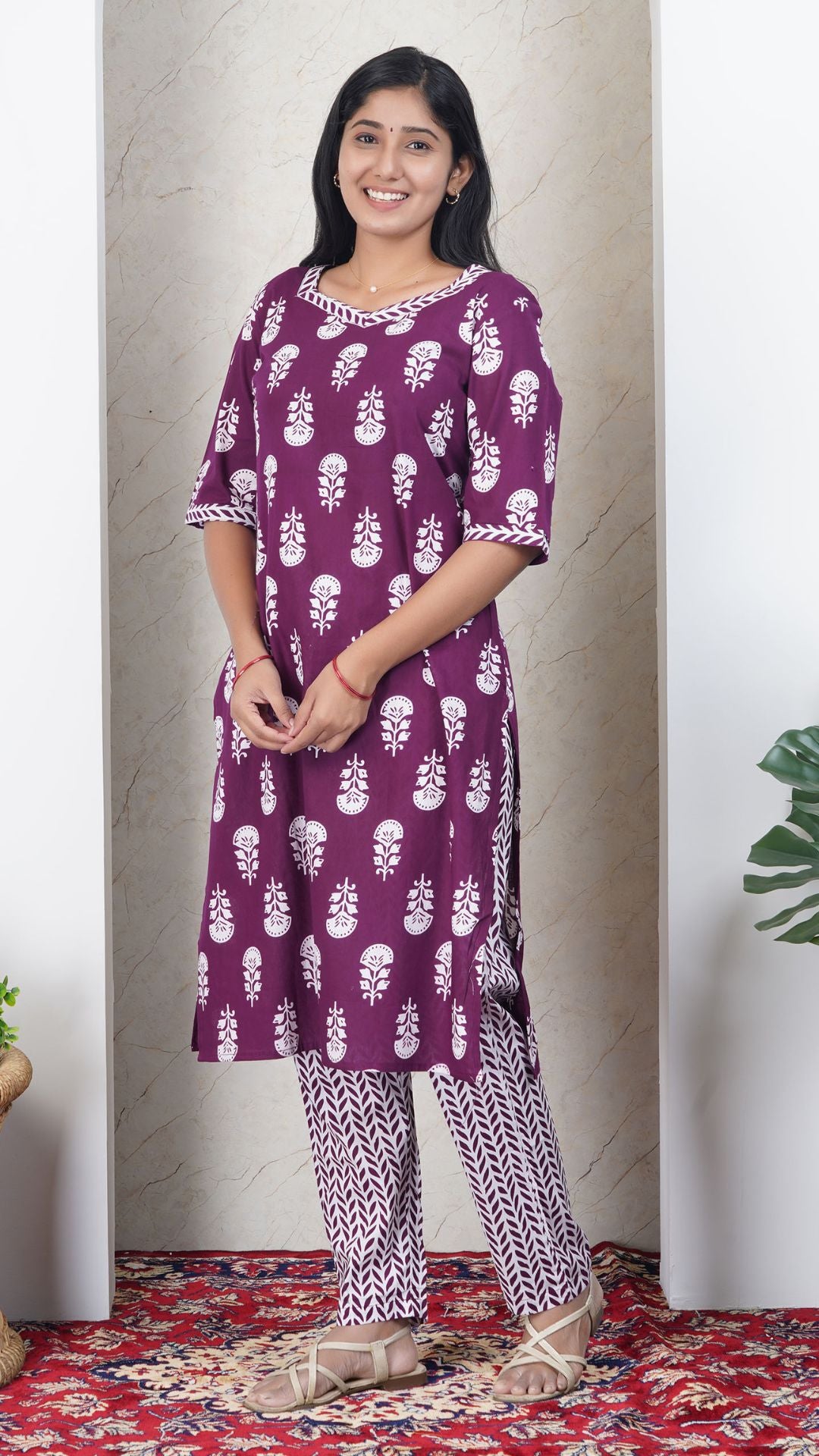 Dark Purple Soft Printed Cotton Kurta Set for Women | Office & Daily Wear