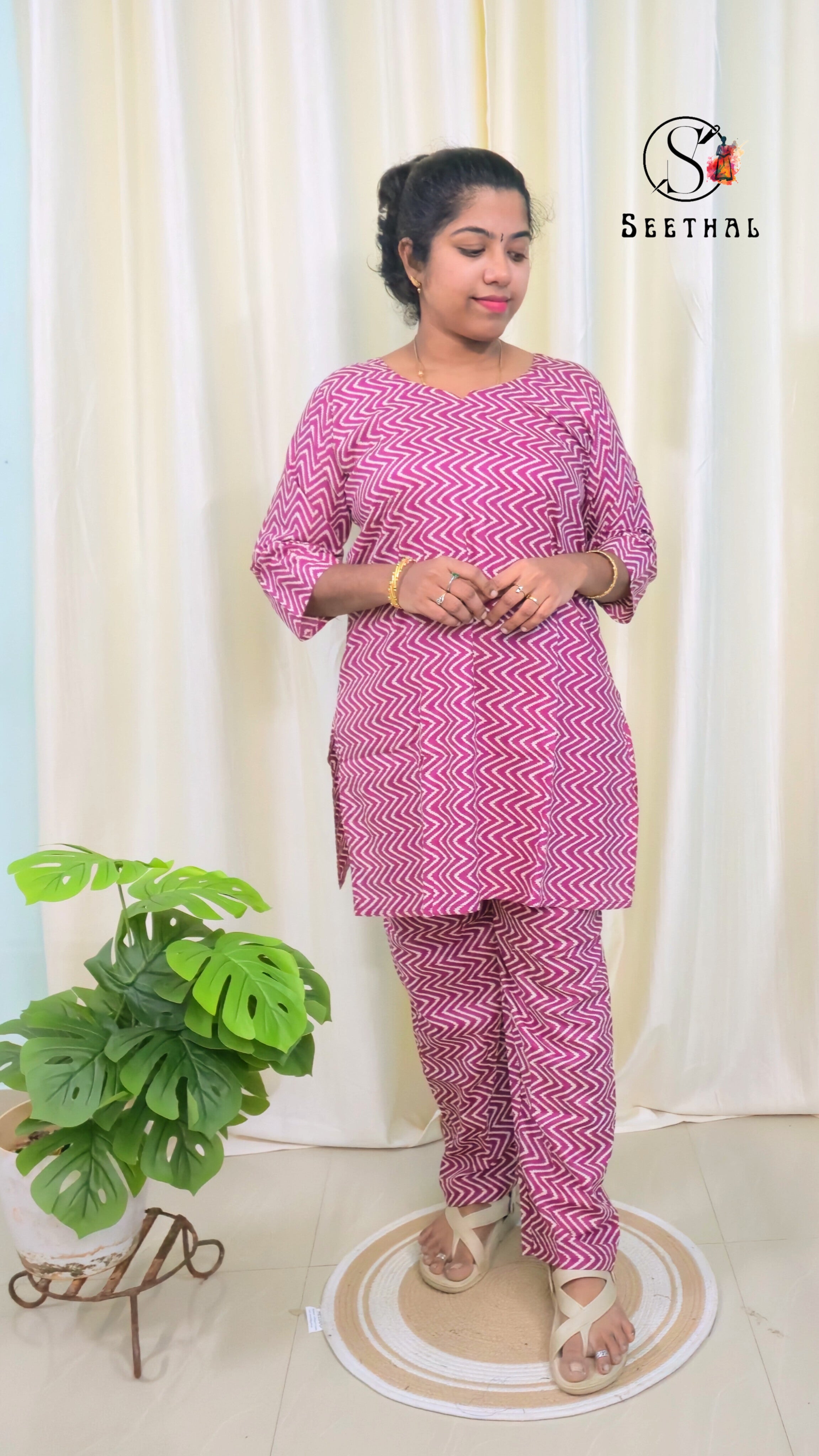 Dark Pink Hand Block Printed Cotton Lounge Wear