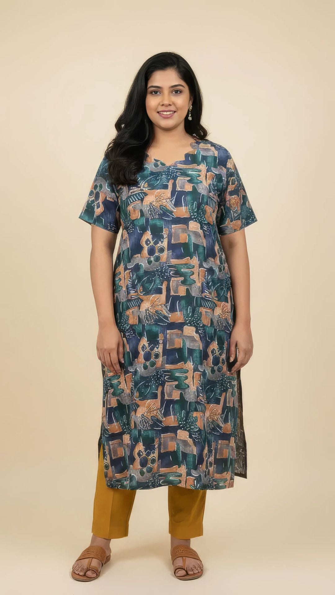 Green Cotton Half Sleeve Kurti | 40–42 Inch Length | Comfort Fit with 4-Inch Hip Ease | Sizes S to 5XL
