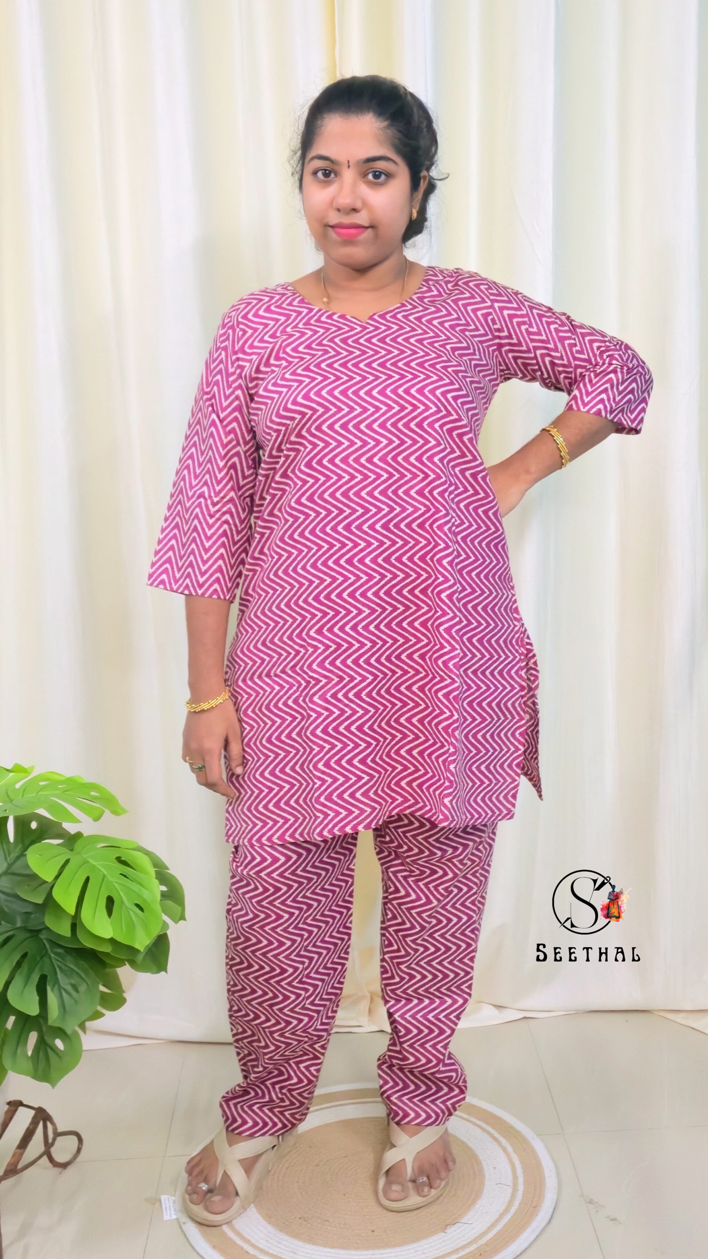 Dark Pink Hand Block Printed Cotton Lounge Wear