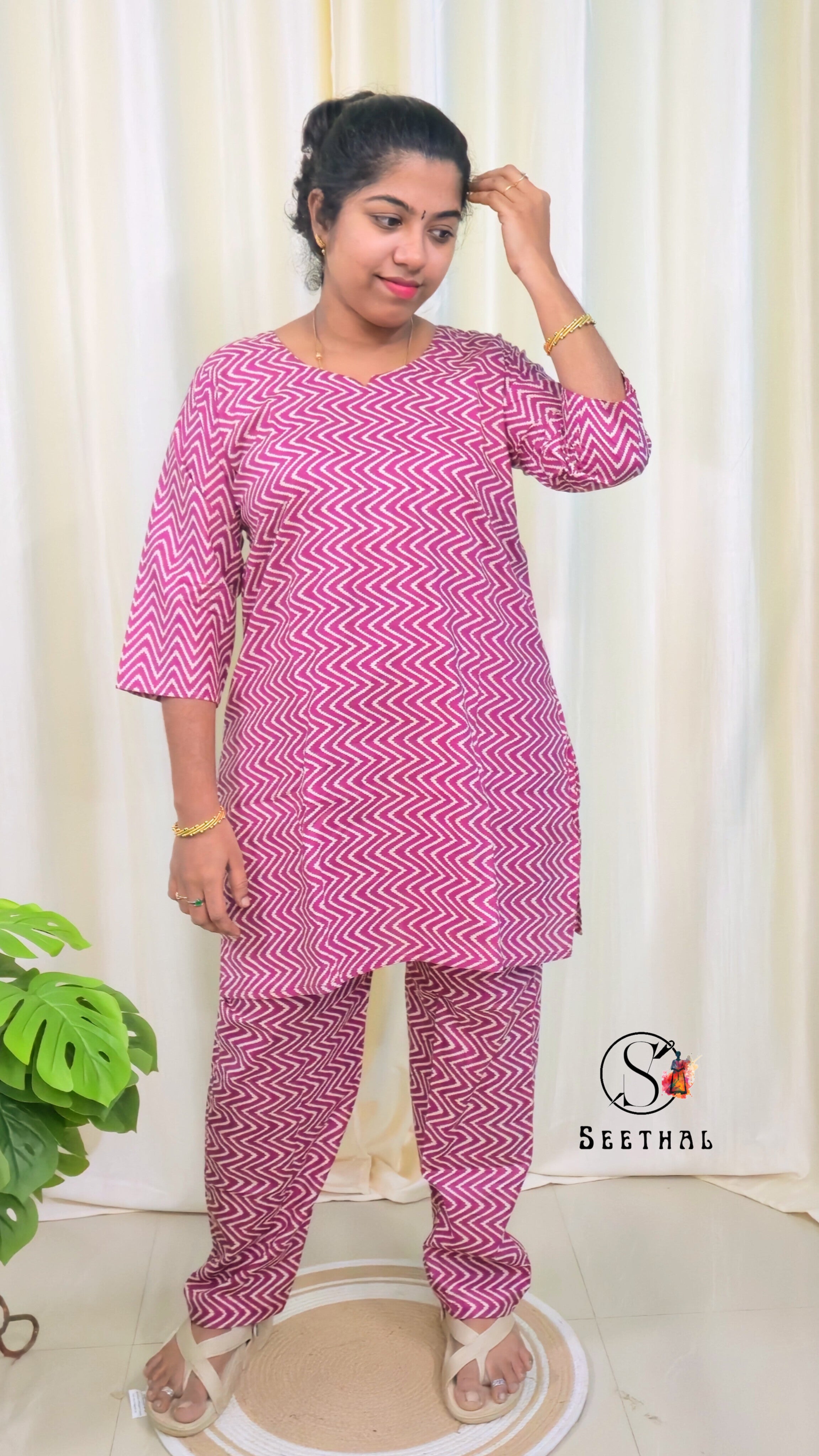 Dark Pink Hand Block Printed Cotton Lounge Wear