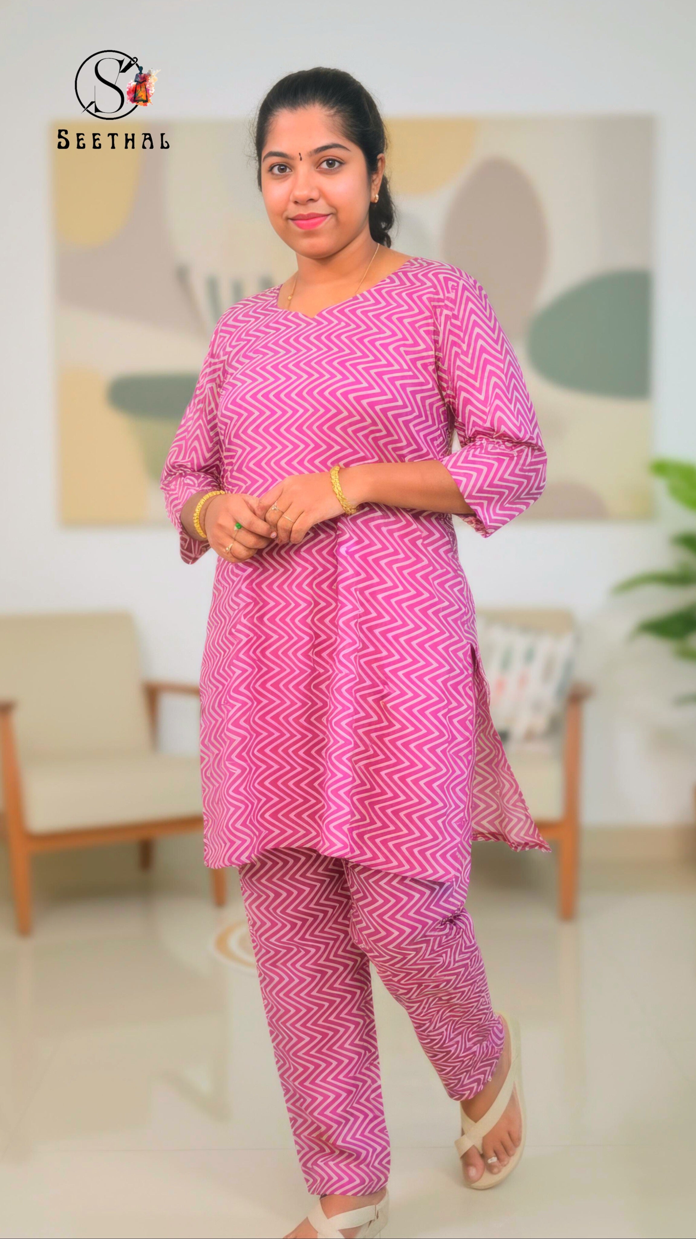 Dark Pink Hand Block Printed Cotton Lounge Wear