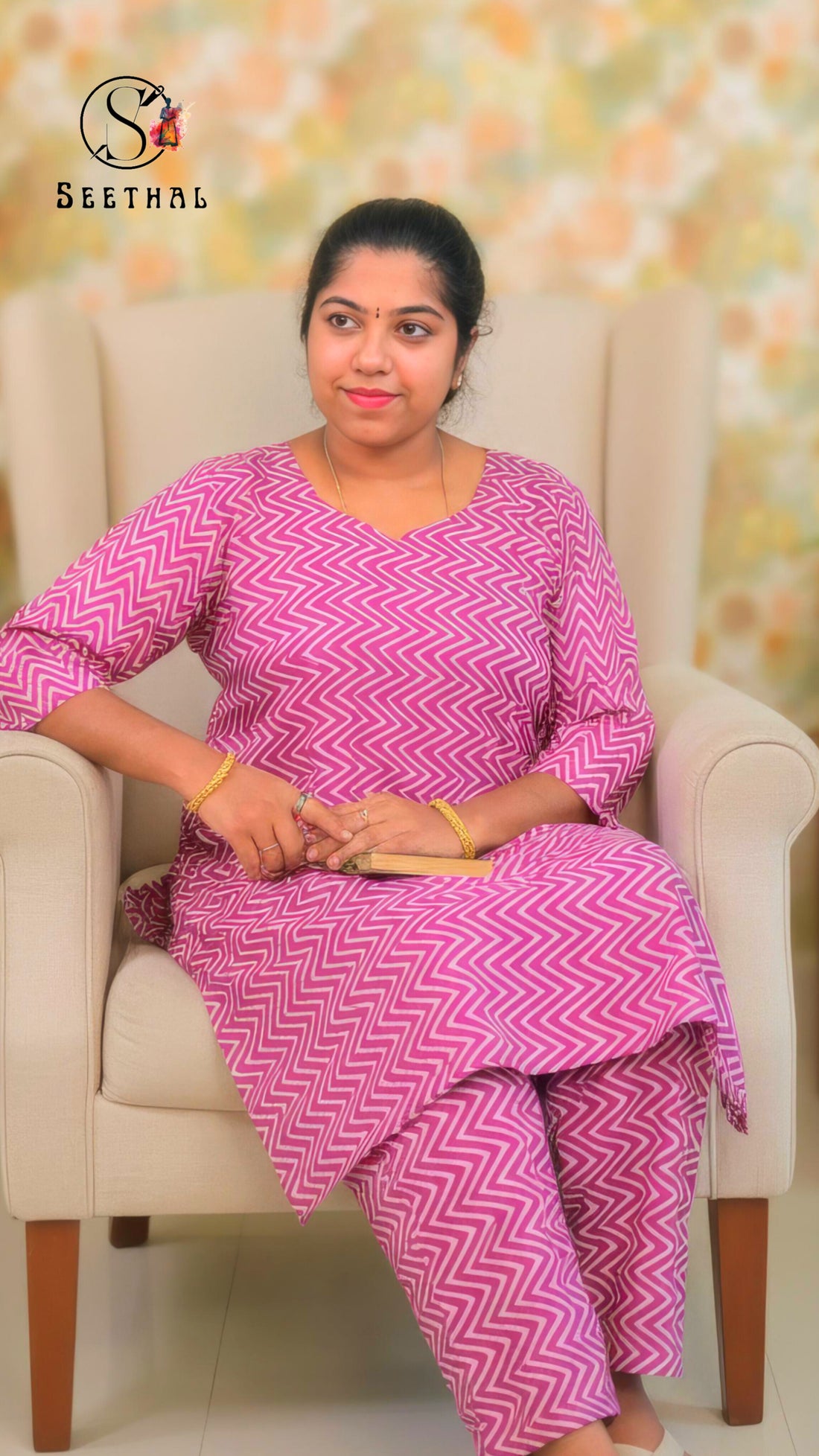 Dark Pink Hand Block Printed Cotton Mid Length Kurti with Trouser Co-Ord Set