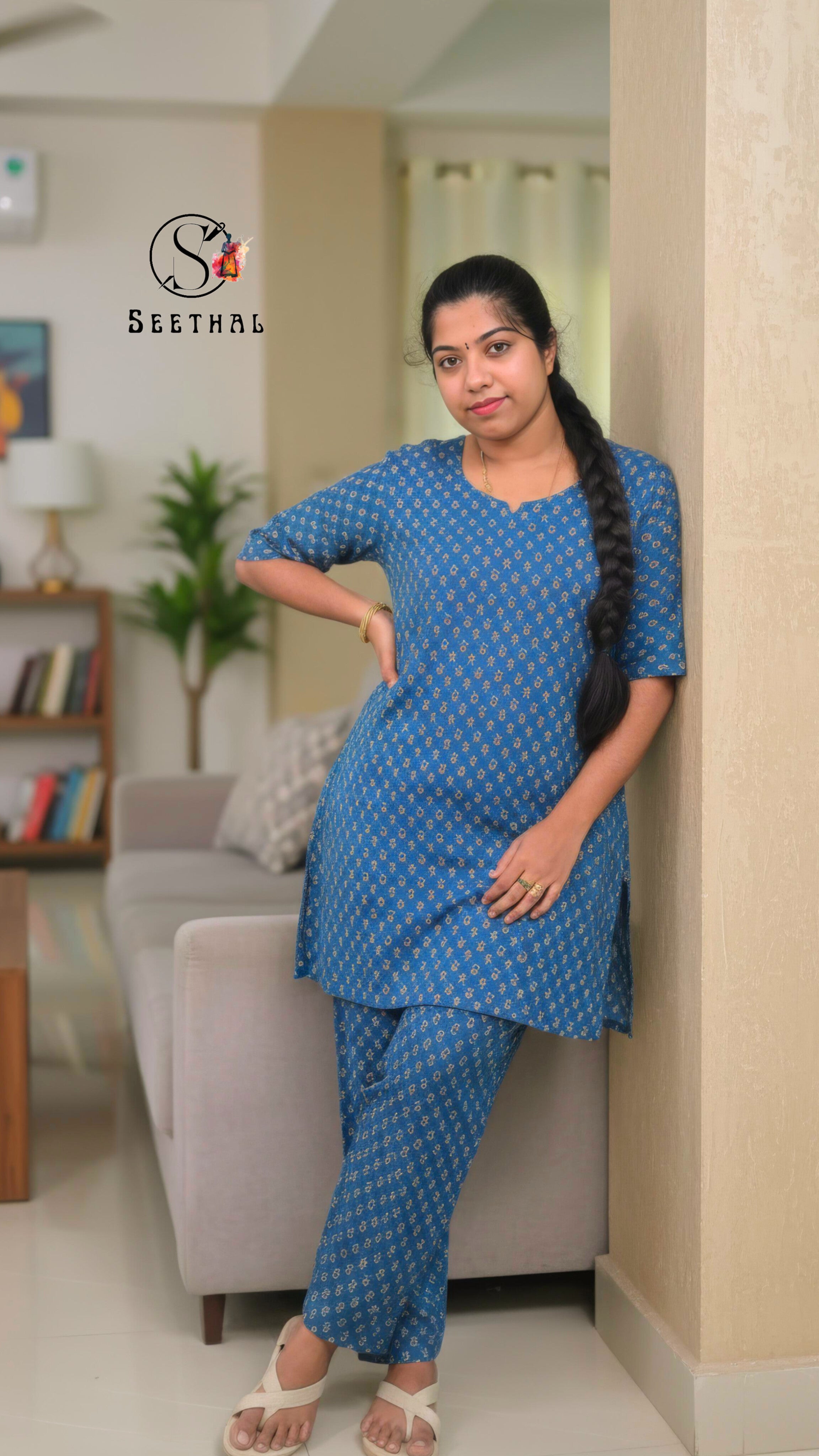 Peacock Blue Hand Block Printed Cotton Mid Length Kurti With Trouser Co-Ord Set