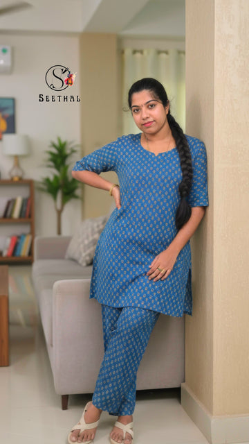 Peacock Blue Hand Block Printed Cotton Mid Length Kurti With Trouser Co-Ord Set