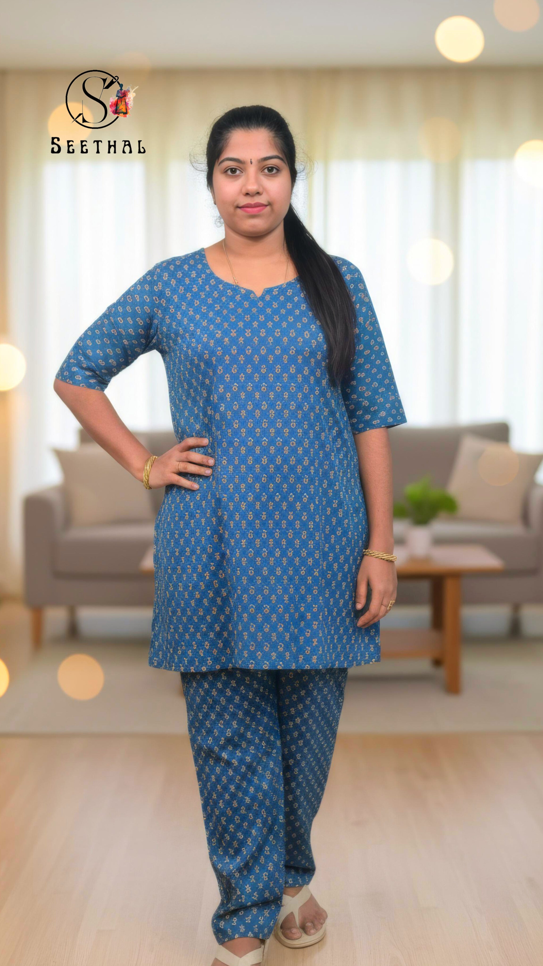 Peacock Blue Hand Block Printed Cotton Mid Length Kurti With Trouser Co-Ord Set
