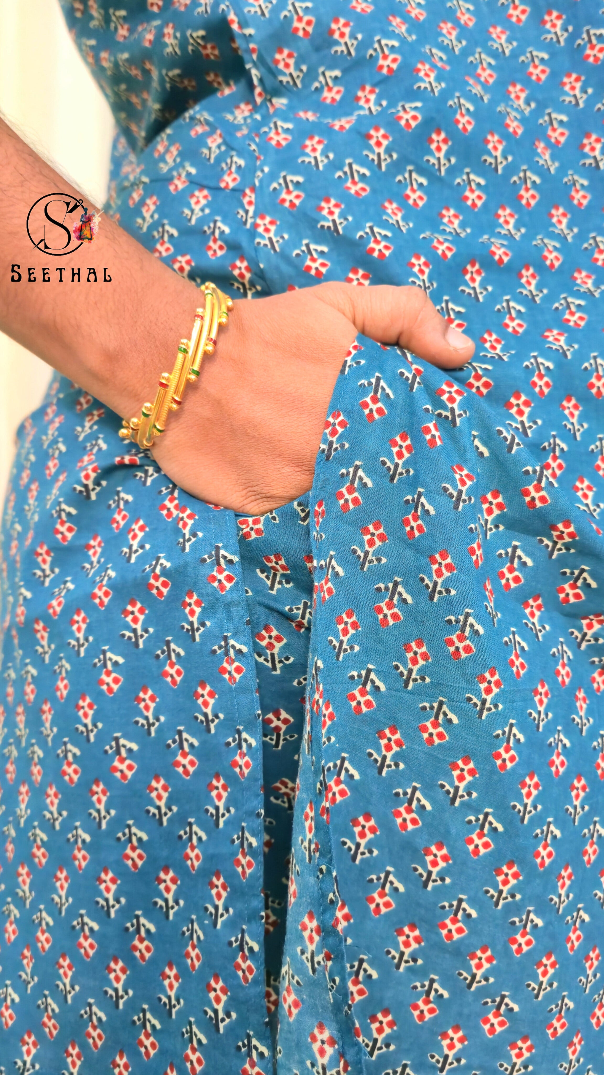 Peacock Blue Hand Block Printed Cotton Mid Length Kurti With Trouser Co-Ord Set