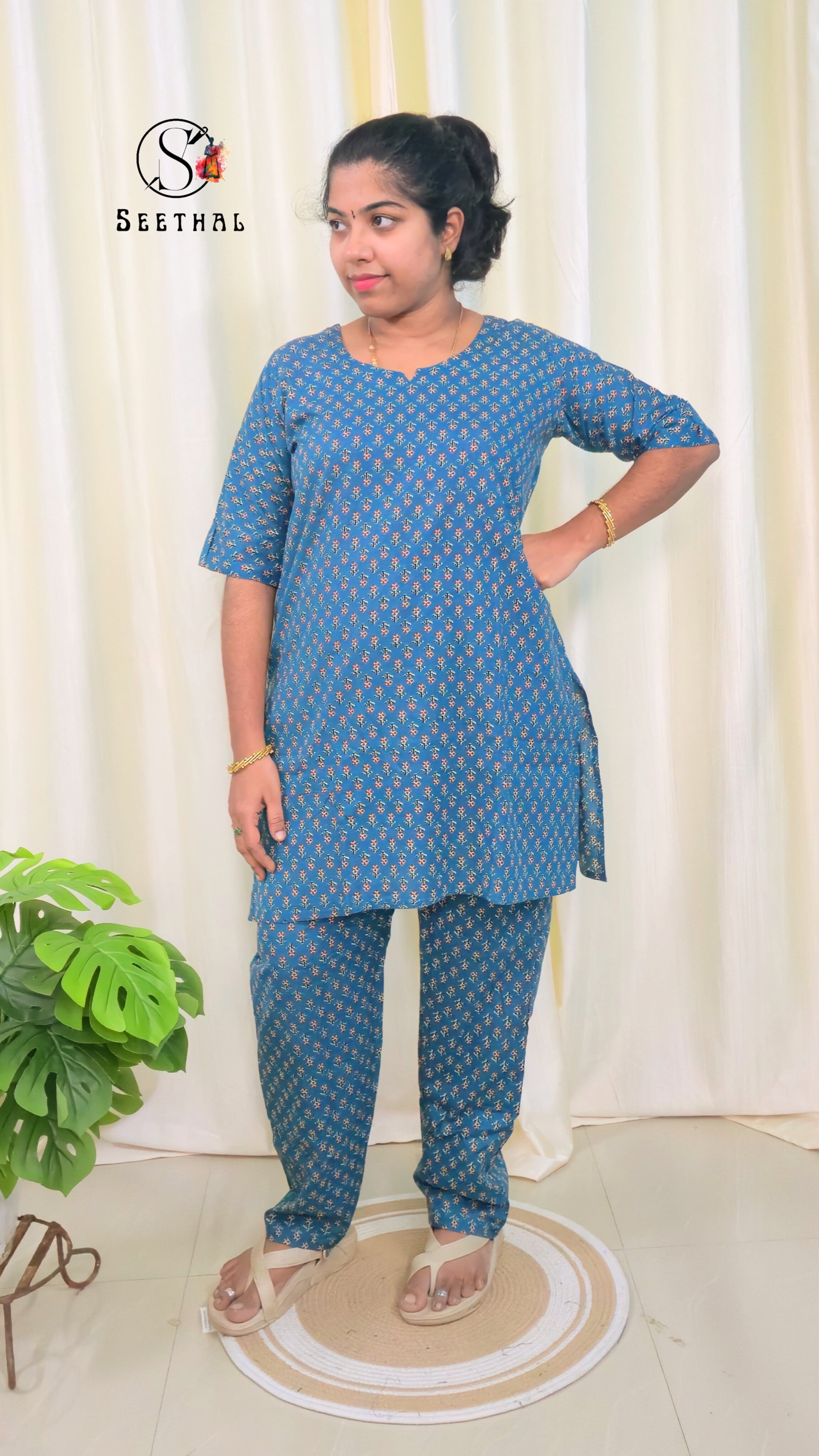 Peacock Blue Hand Block Printed Cotton Mid Length Kurti With Trouser Co-Ord Set