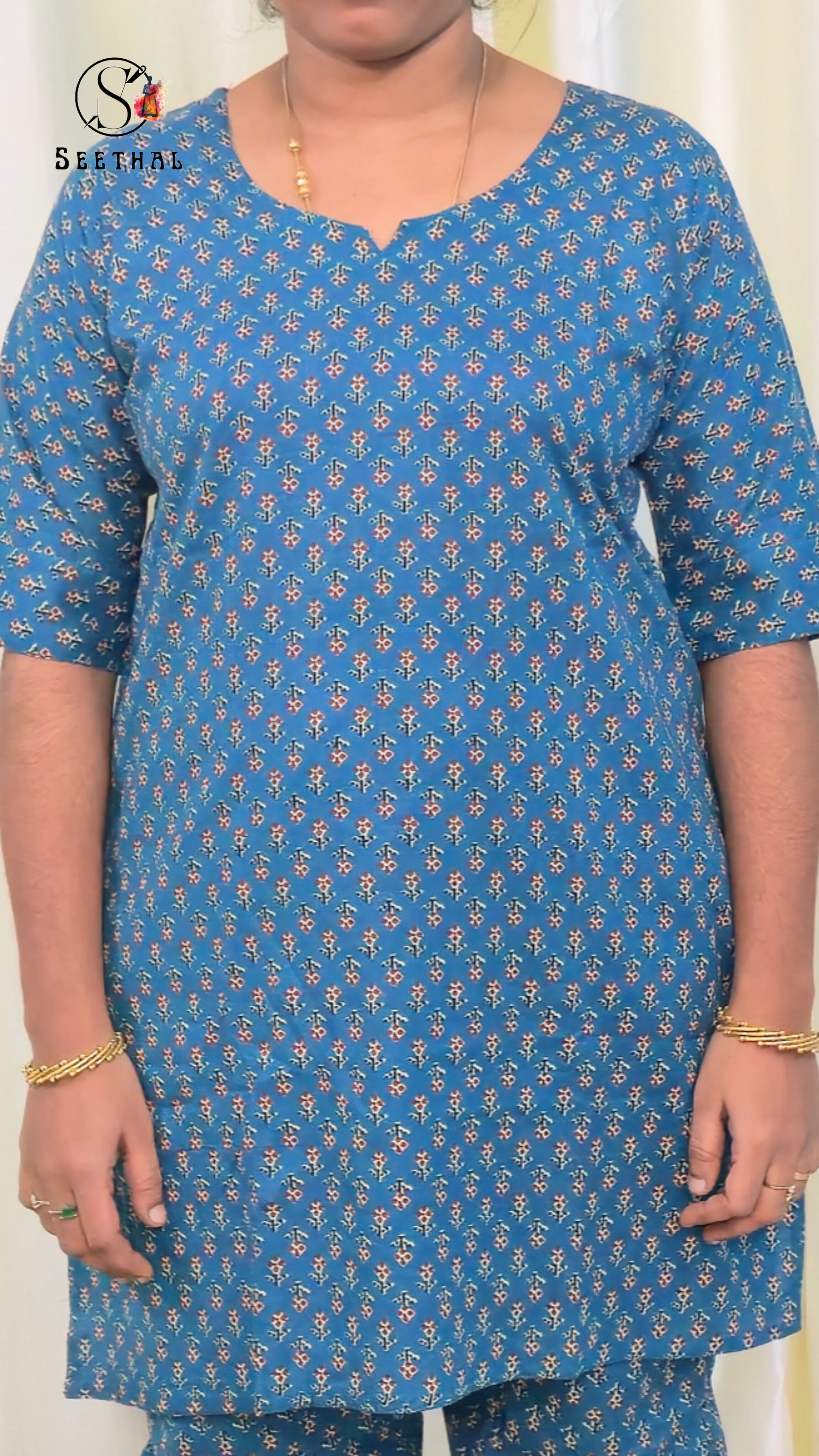 Peacock Blue Hand Block Printed Cotton Mid Length Kurti With Trouser Co-Ord Set