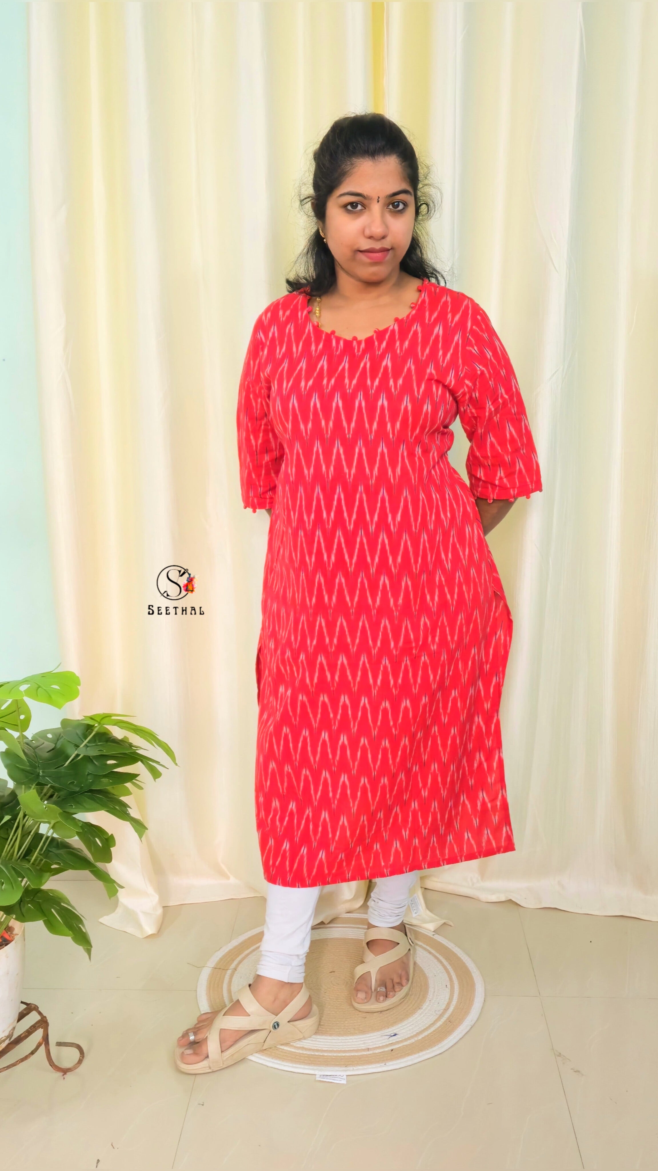 Red Ikkat Cotton Side Slit Kurti with Adjustable Back Corset