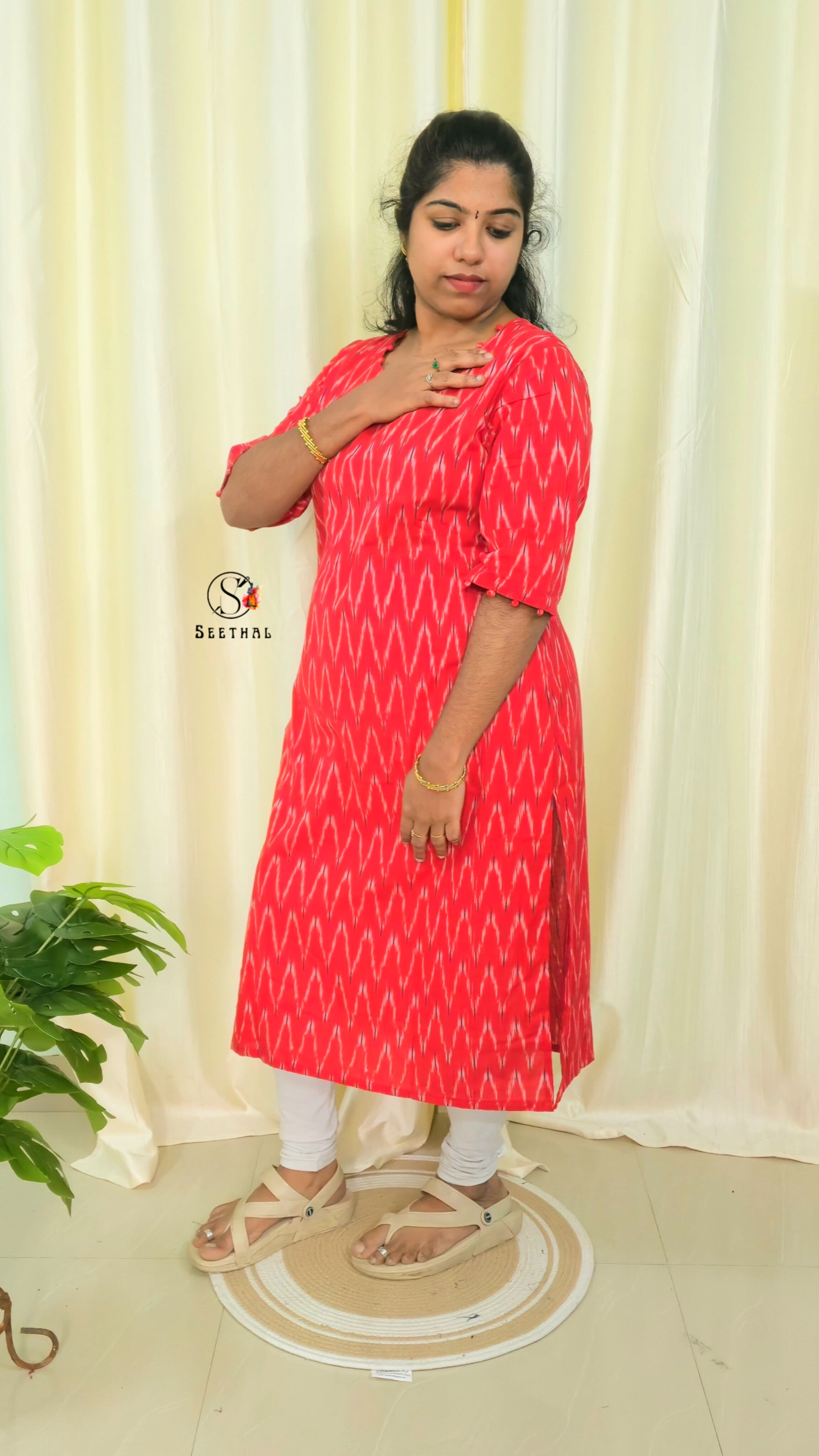 Red Ikkat Cotton Side Slit Kurti with Adjustable Back Corset