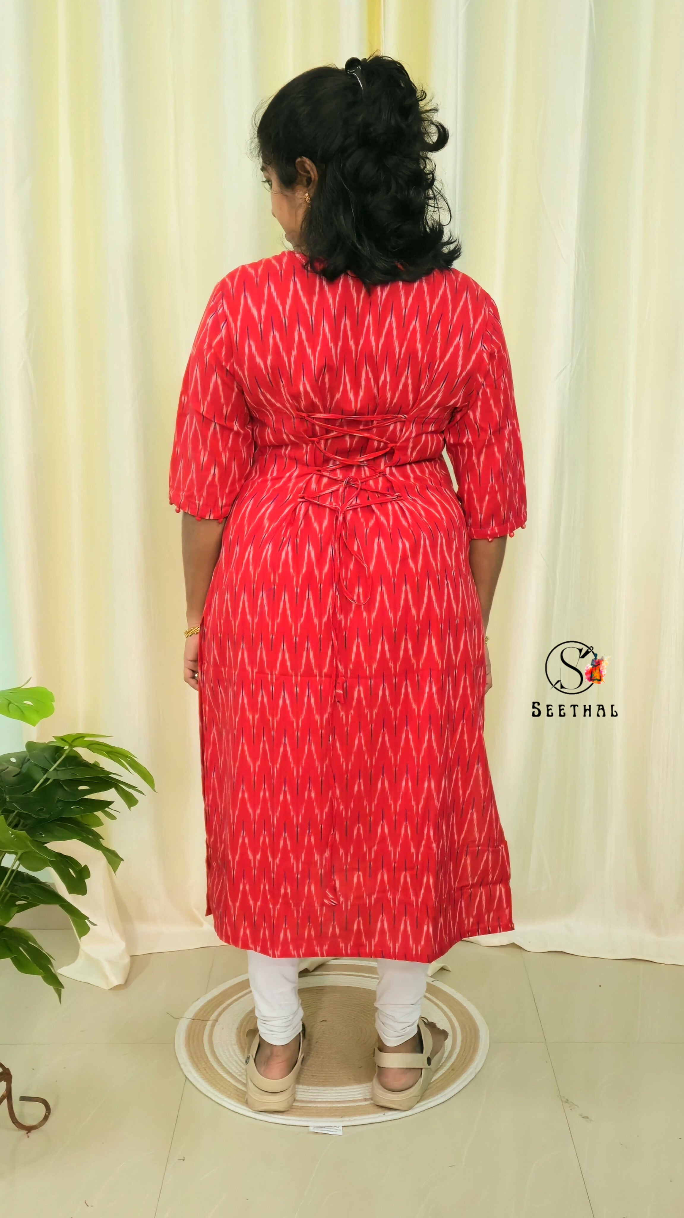 Red Ikkat Cotton Side Slit Kurti with Adjustable Back Corset