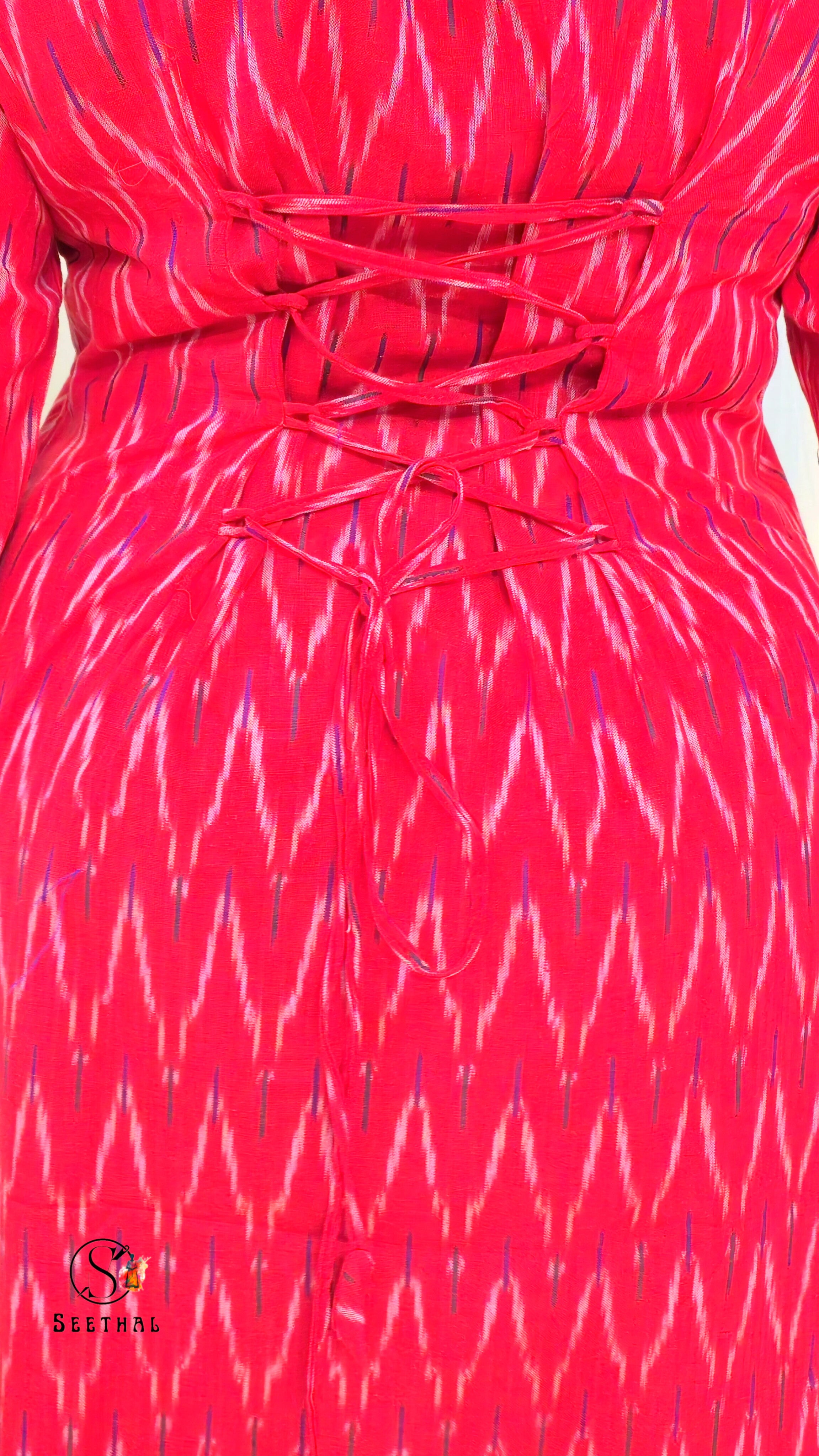 Red Ikkat Cotton Side Slit Kurti with Adjustable Back Corset