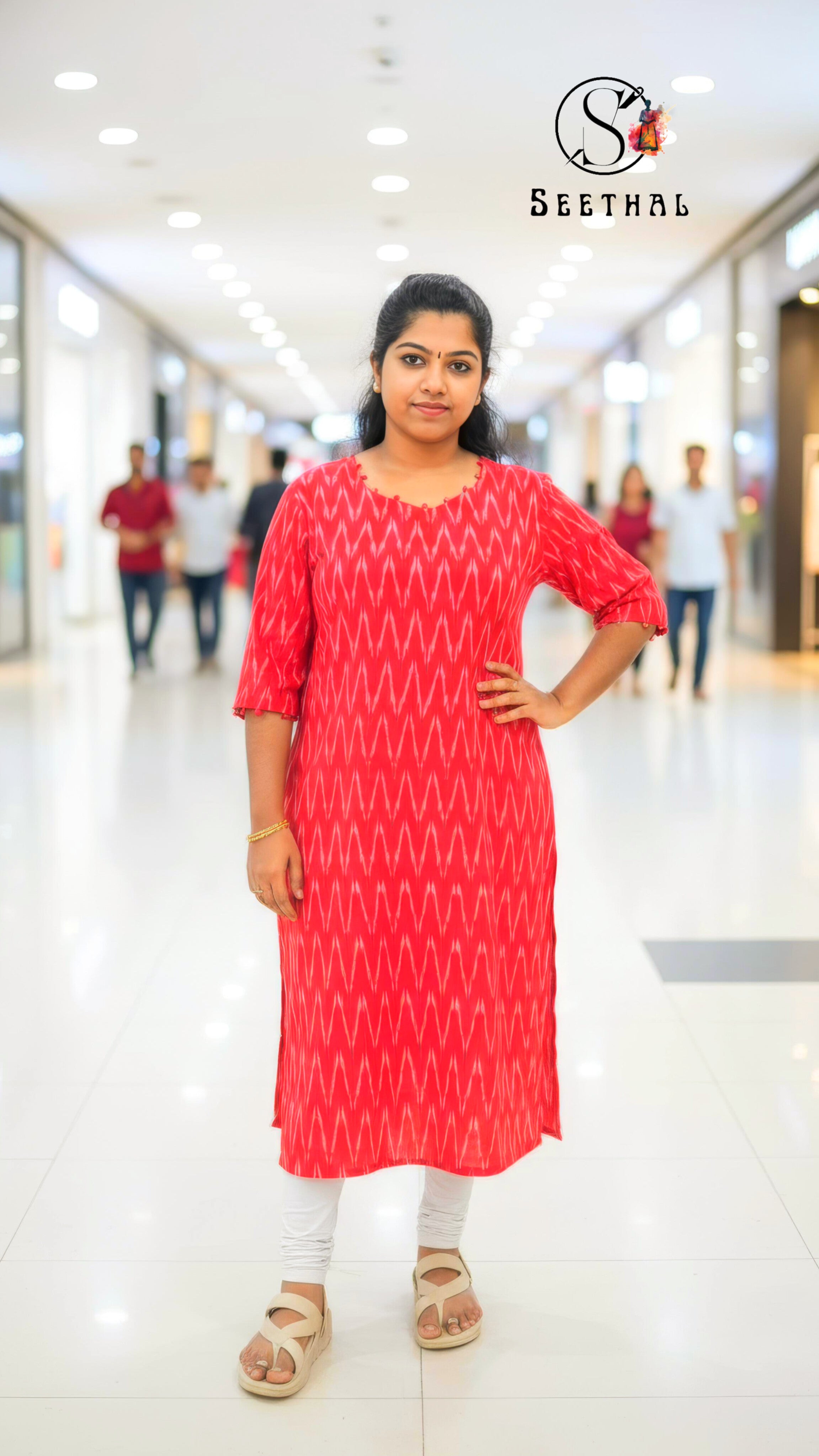 Red Ikkat Cotton Side Slit Kurti with Adjustable Back Corset
