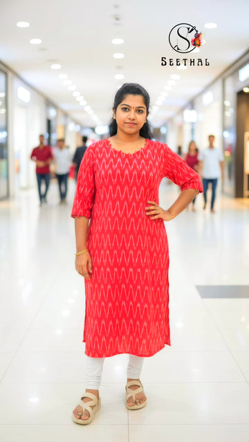 Red Ikkat Cotton Side Slit Kurti with Adjustable Back Corset