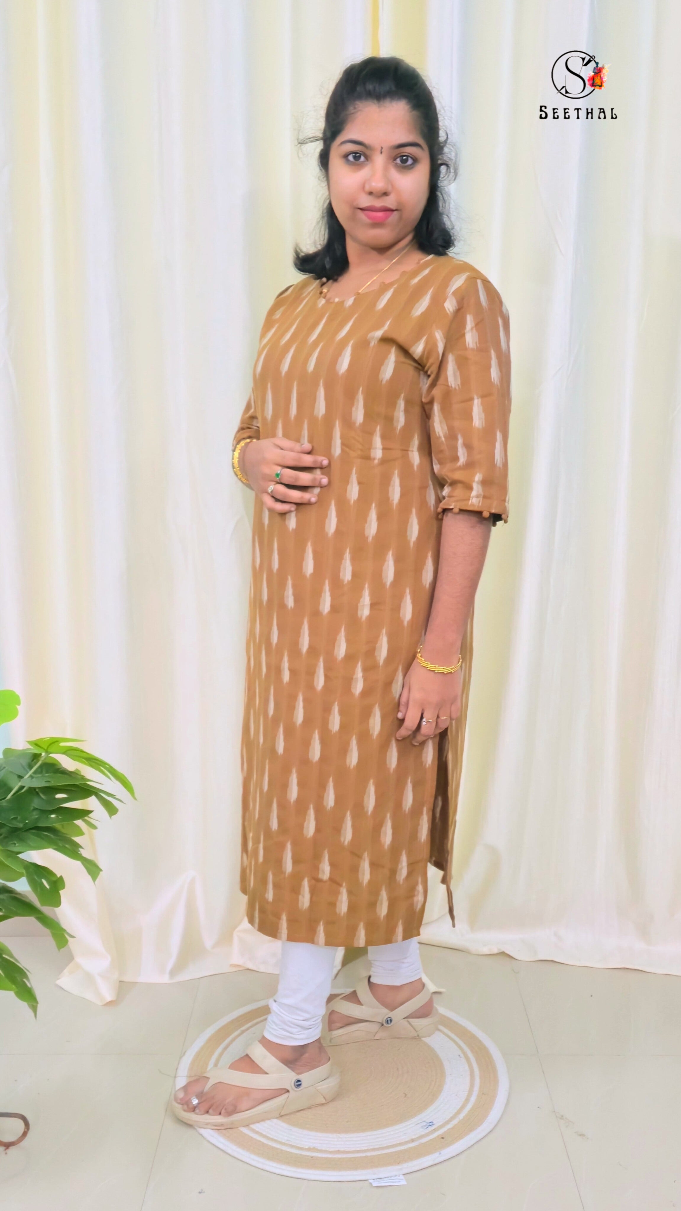 Chocolate Brown Ikkat Cotton Side Slit Kurti with Adjustable Back Corset
