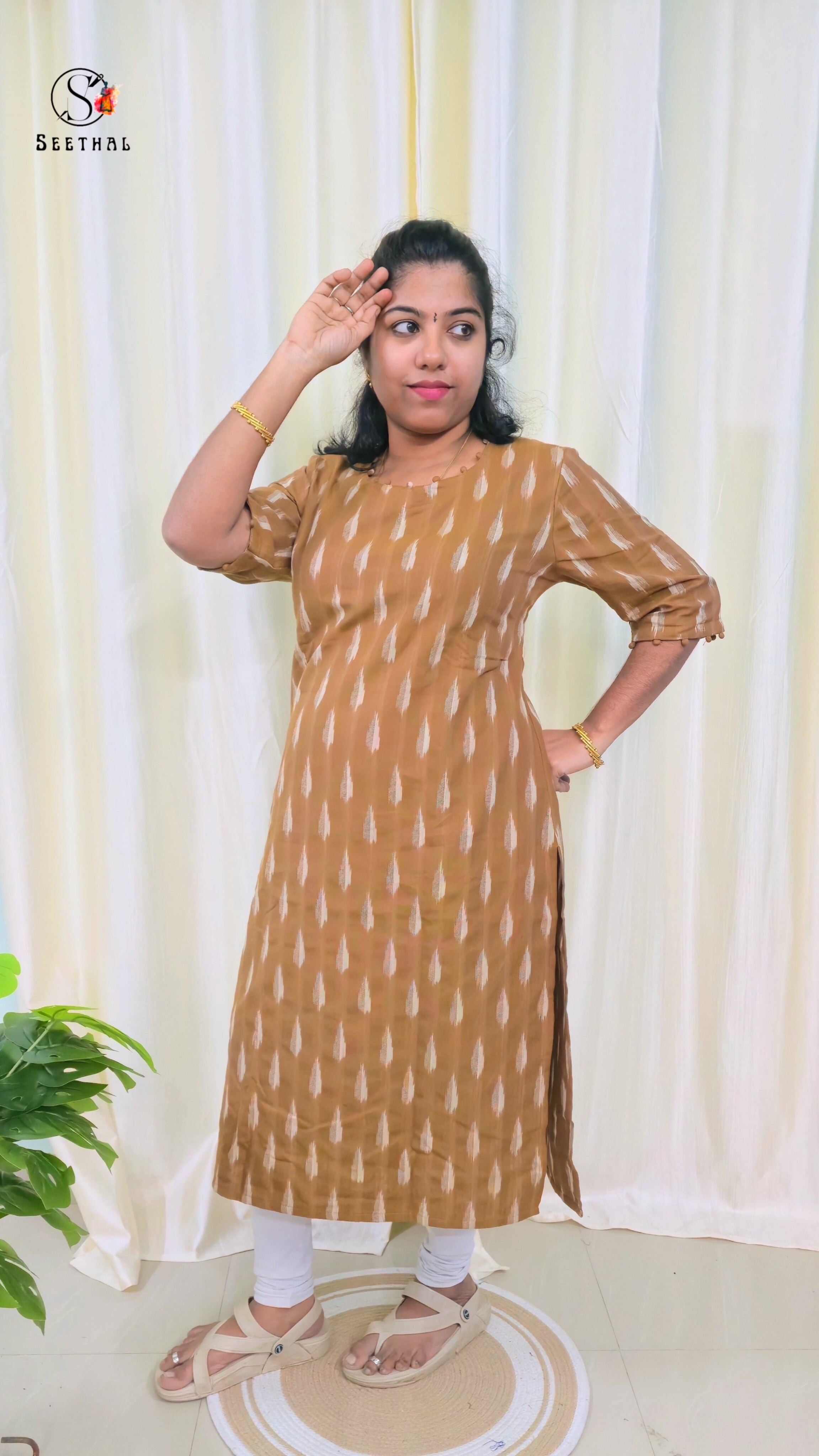 Chocolate Brown Ikkat Cotton Side Slit Kurti with Adjustable Back Corset