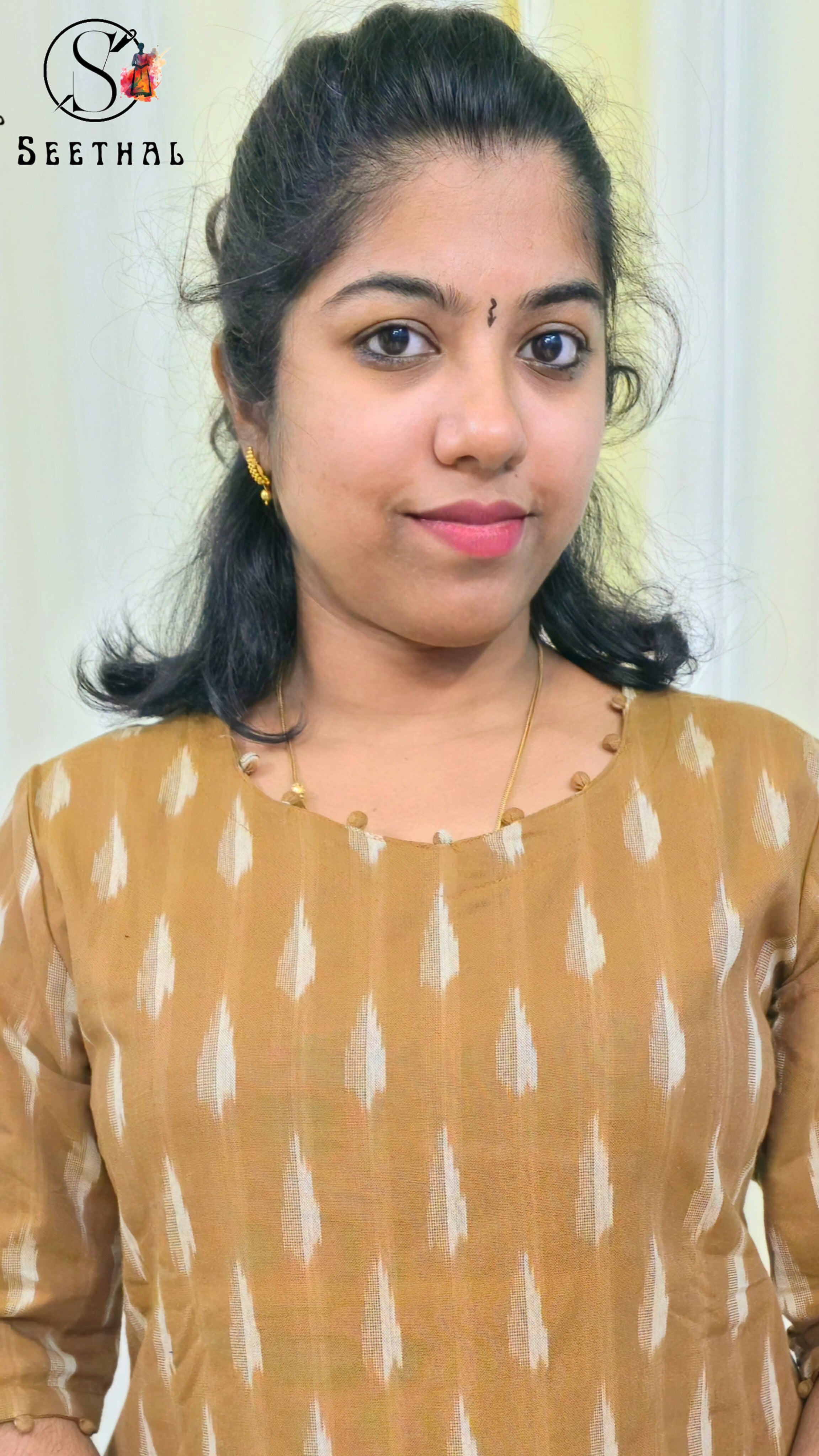 Chocolate Brown Ikkat Cotton Side Slit Kurti with Adjustable Back Corset