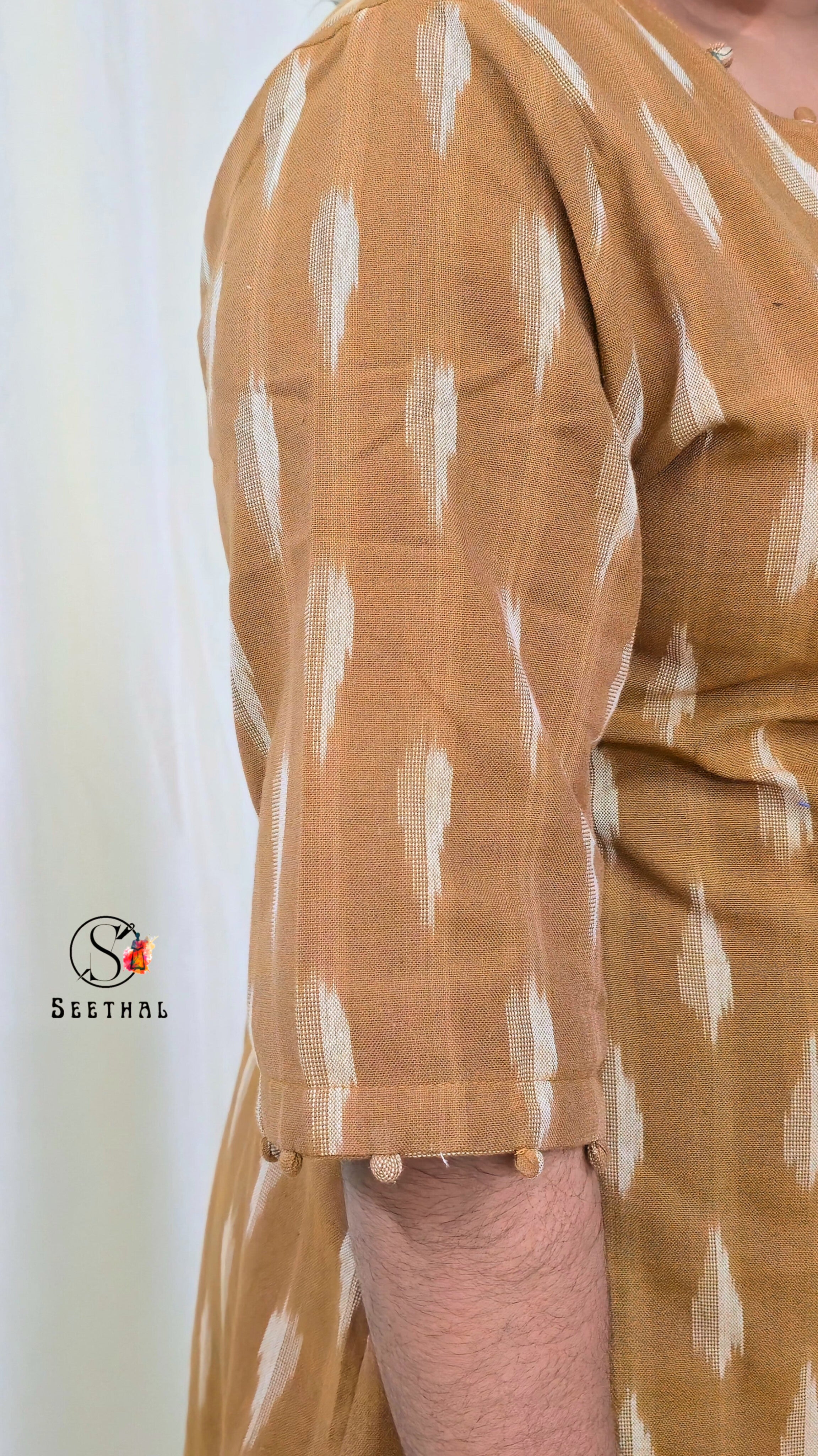 Chocolate Brown Ikkat Cotton Side Slit Kurti with Adjustable Back Corset