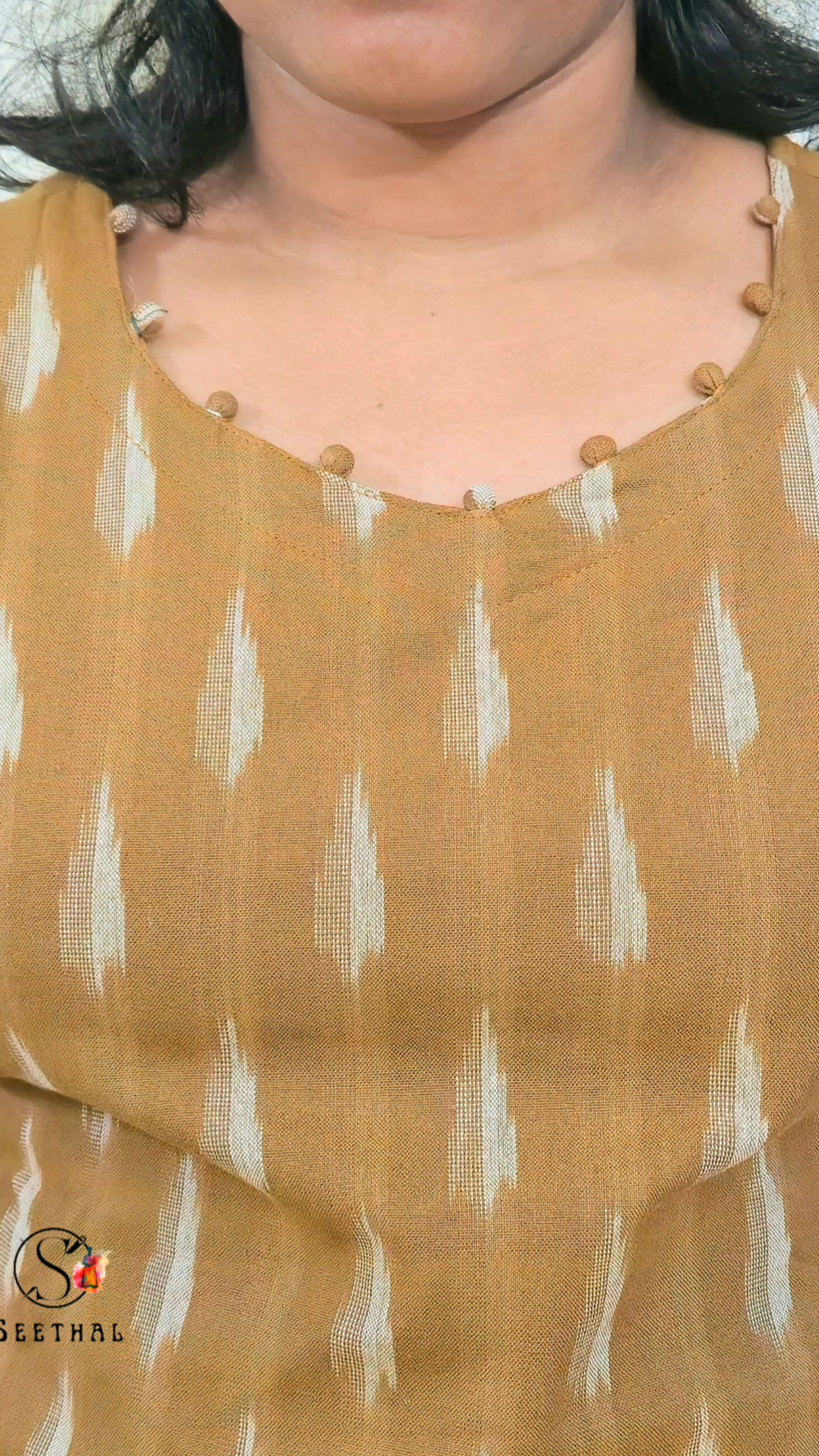 Chocolate Brown Ikkat Cotton Side Slit Kurti with Adjustable Back Corset