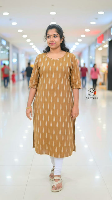 Chocolate Brown Ikkat Cotton Side Slit Kurti with Adjustable Back Corset