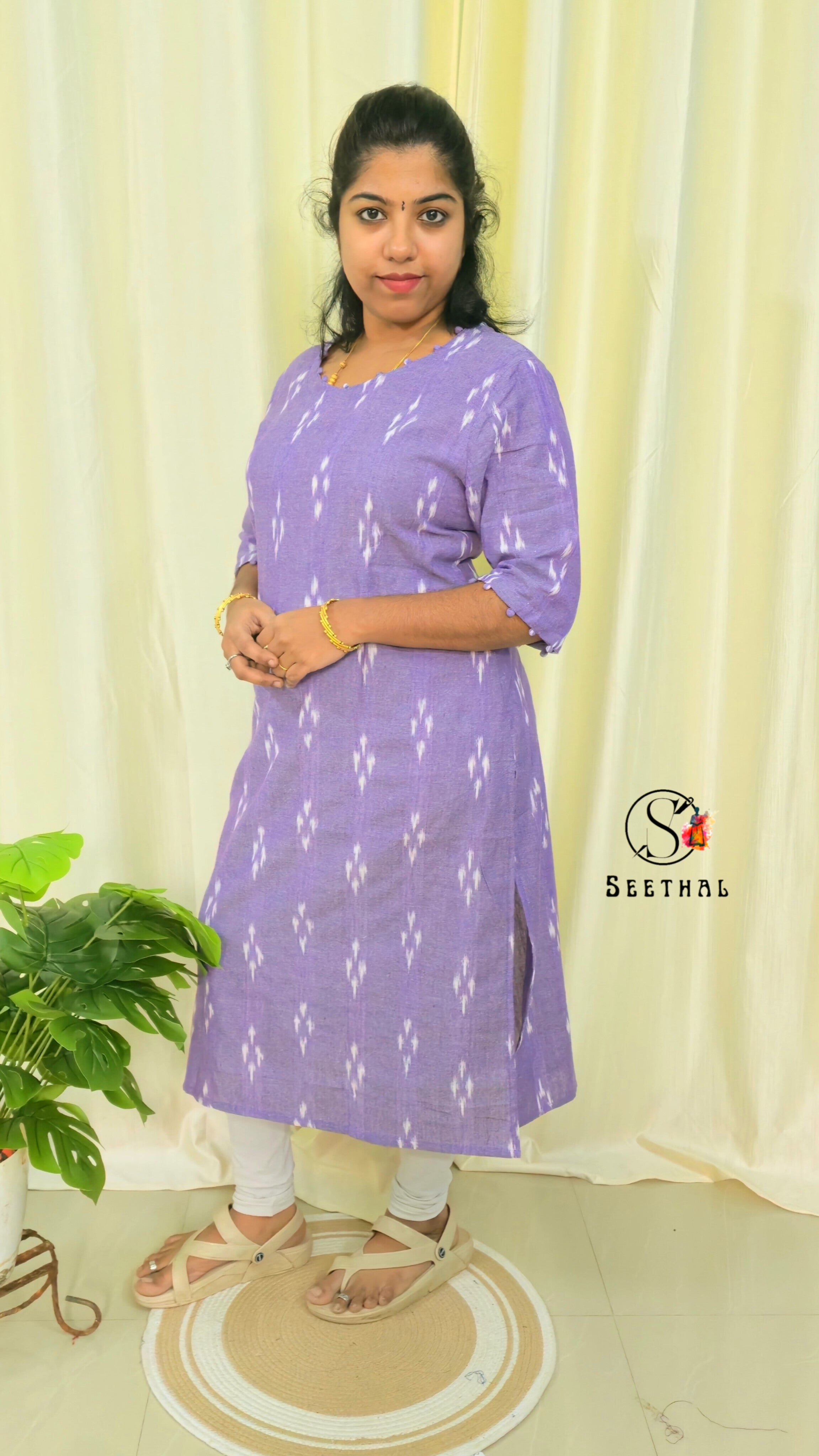 Lavender Ikkat Cotton Side Slit Kurti with Adjustable Back Corset