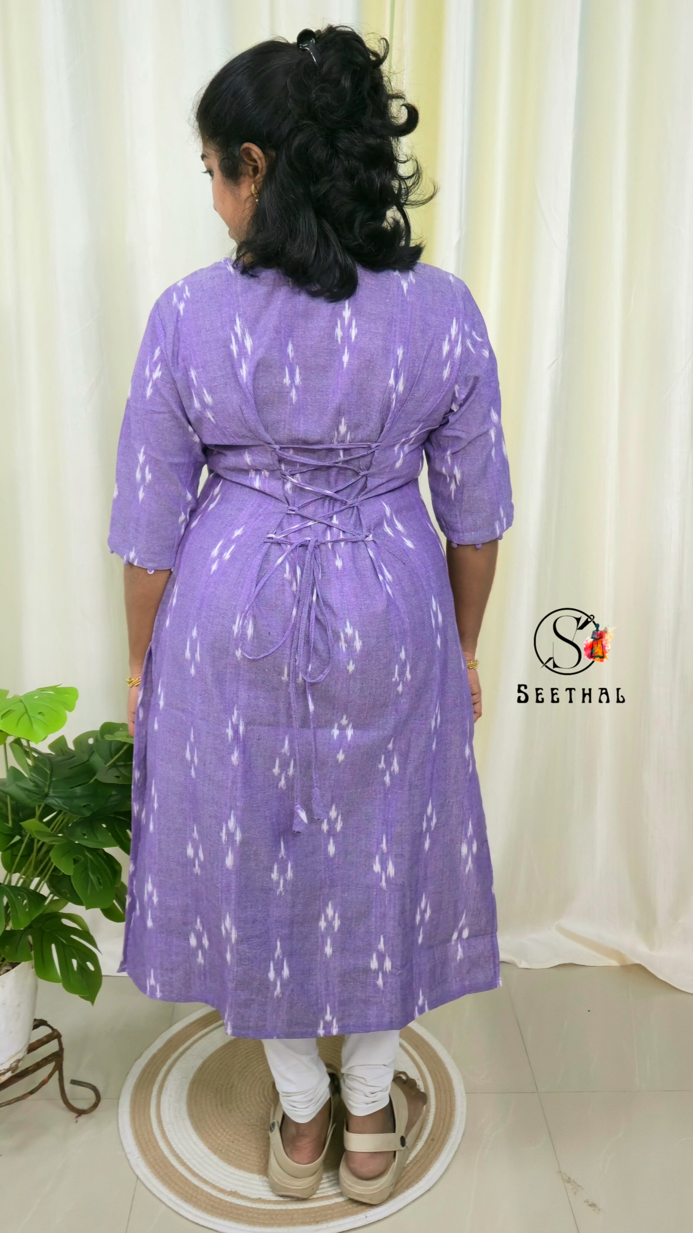 Lavender Ikkat Cotton Side Slit Kurti with Adjustable Back Corset
