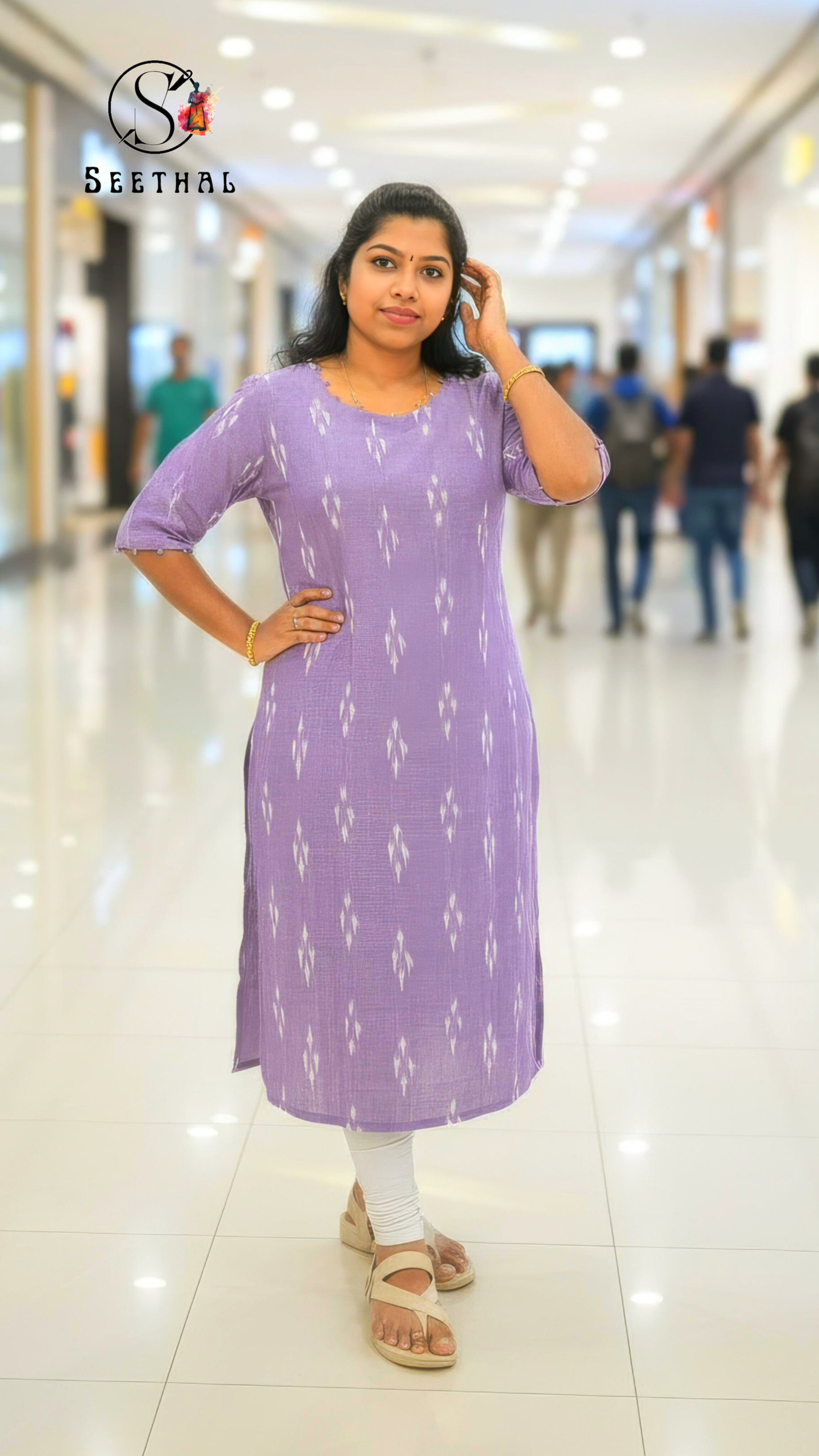 Lavender Ikkat Cotton Side Slit Kurti with Adjustable Back Corset