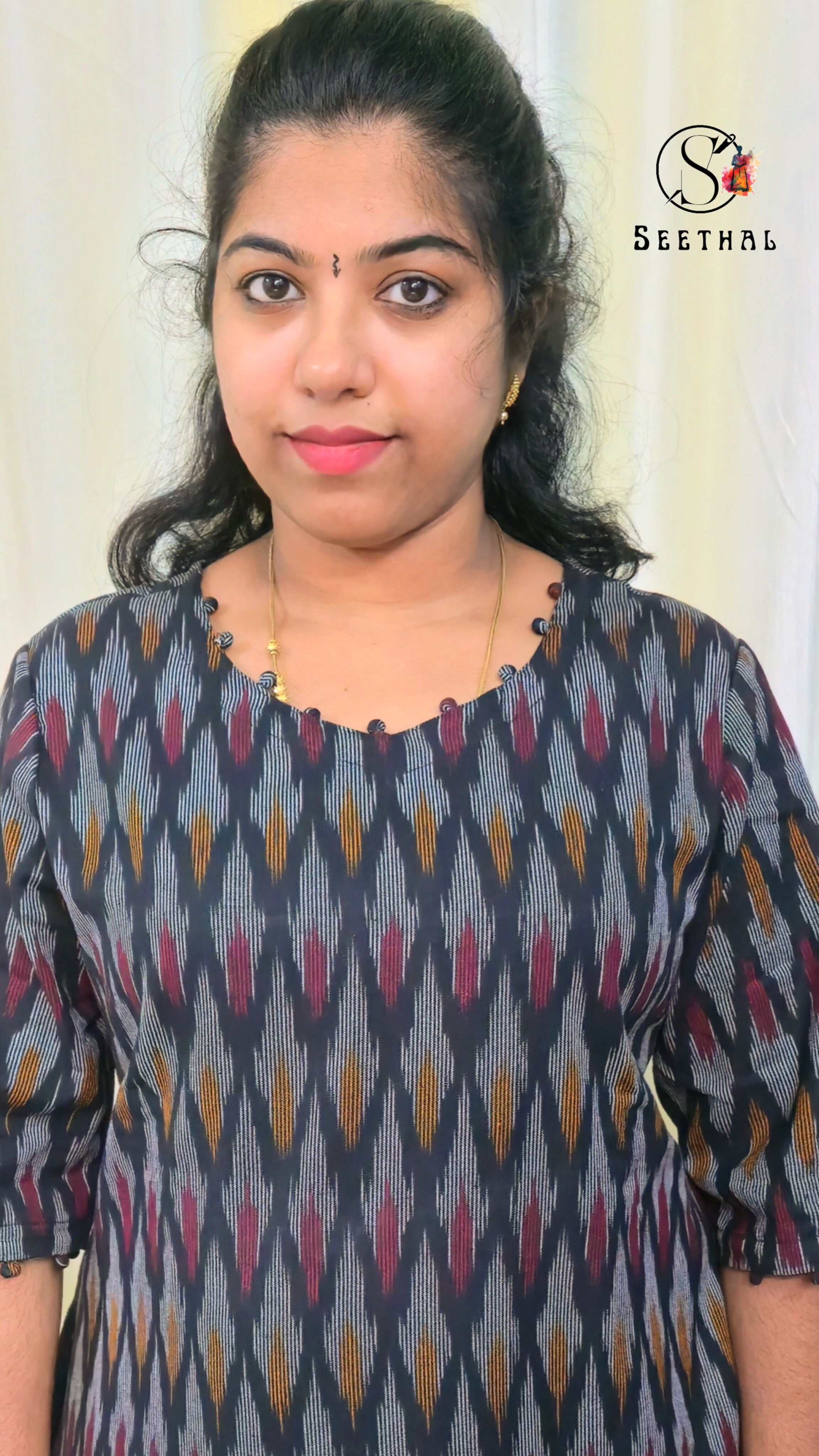 Black Ikkat Cotton Side Slit Kurti with Adjustable Back Corset