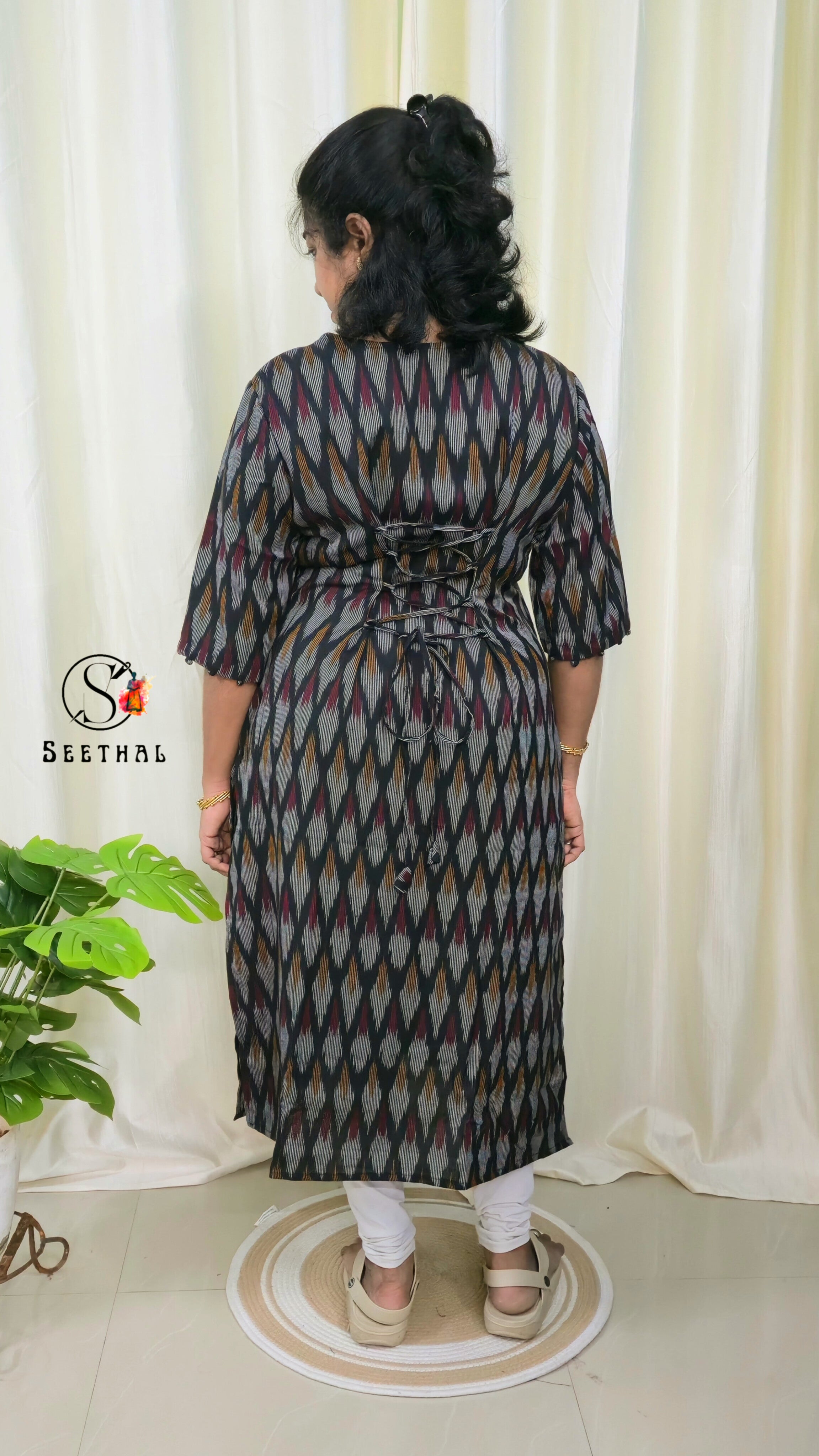 Black Ikkat Cotton Side Slit Kurti with Adjustable Back Corset
