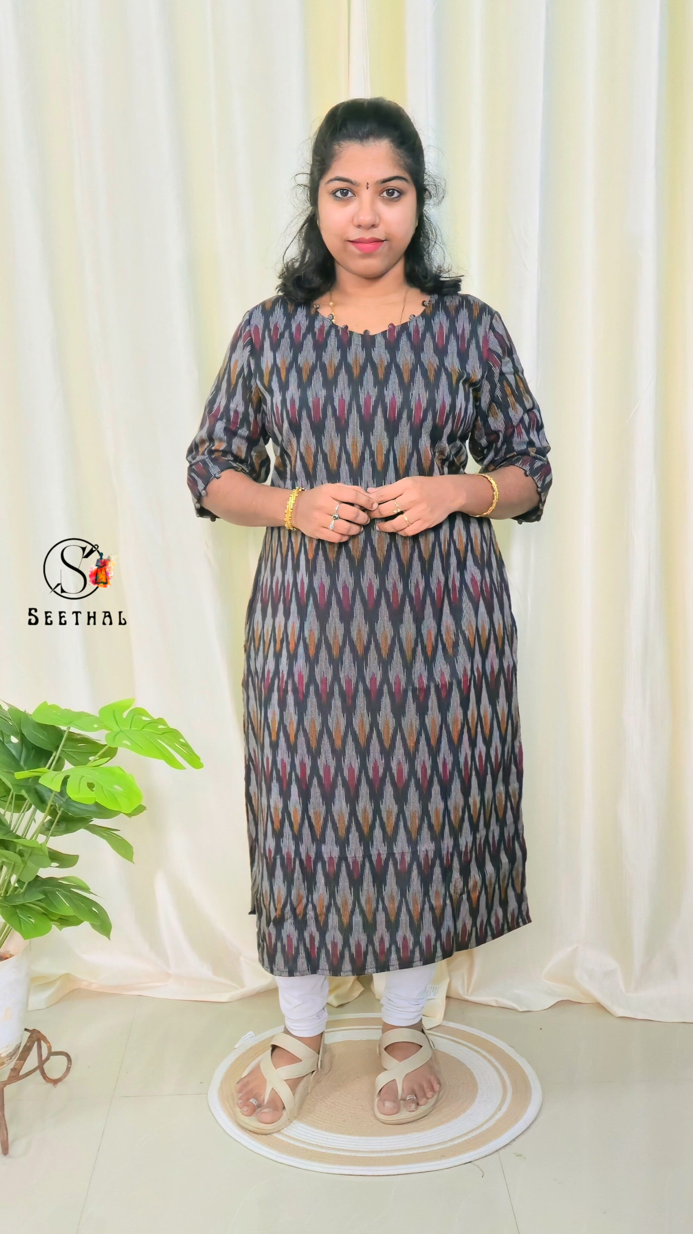 Black Ikkat Cotton Side Slit Kurti with Adjustable Back Corset