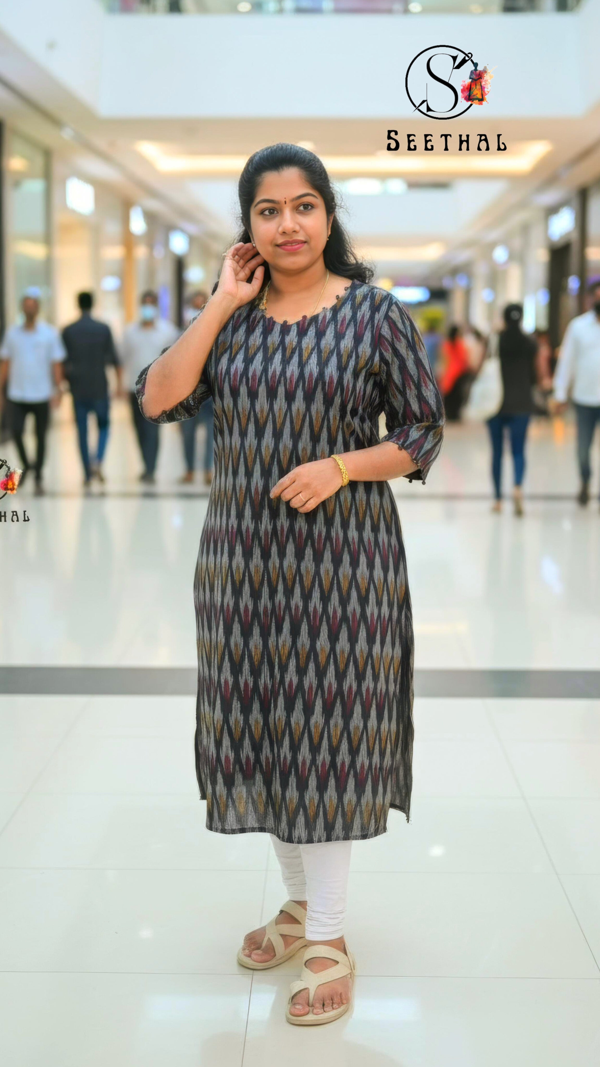 Black Ikkat Cotton Side Slit Kurti with Adjustable Back Corset