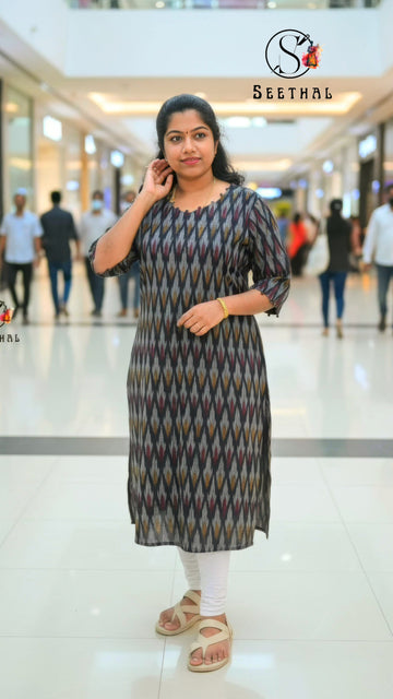 Black Ikkat Cotton Side Slit Kurti with Adjustable Back Corset