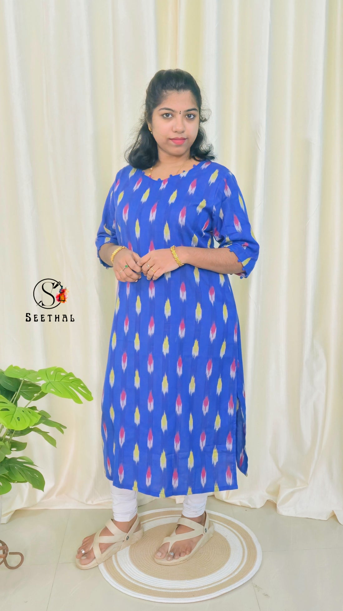 Royal Blue Ikkat Cotton Side Slit Kurti with Adjustable Back Corset